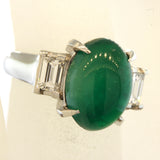 Cabochon Emerald Diamond 3-Stone Platinum Ring