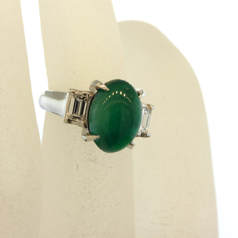 Cabochon Emerald Diamond 3-Stone Platinum Ring