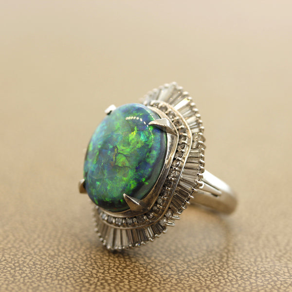 14.66 Carat Australian Black Opal Diamond Platinum Cocktail Ring