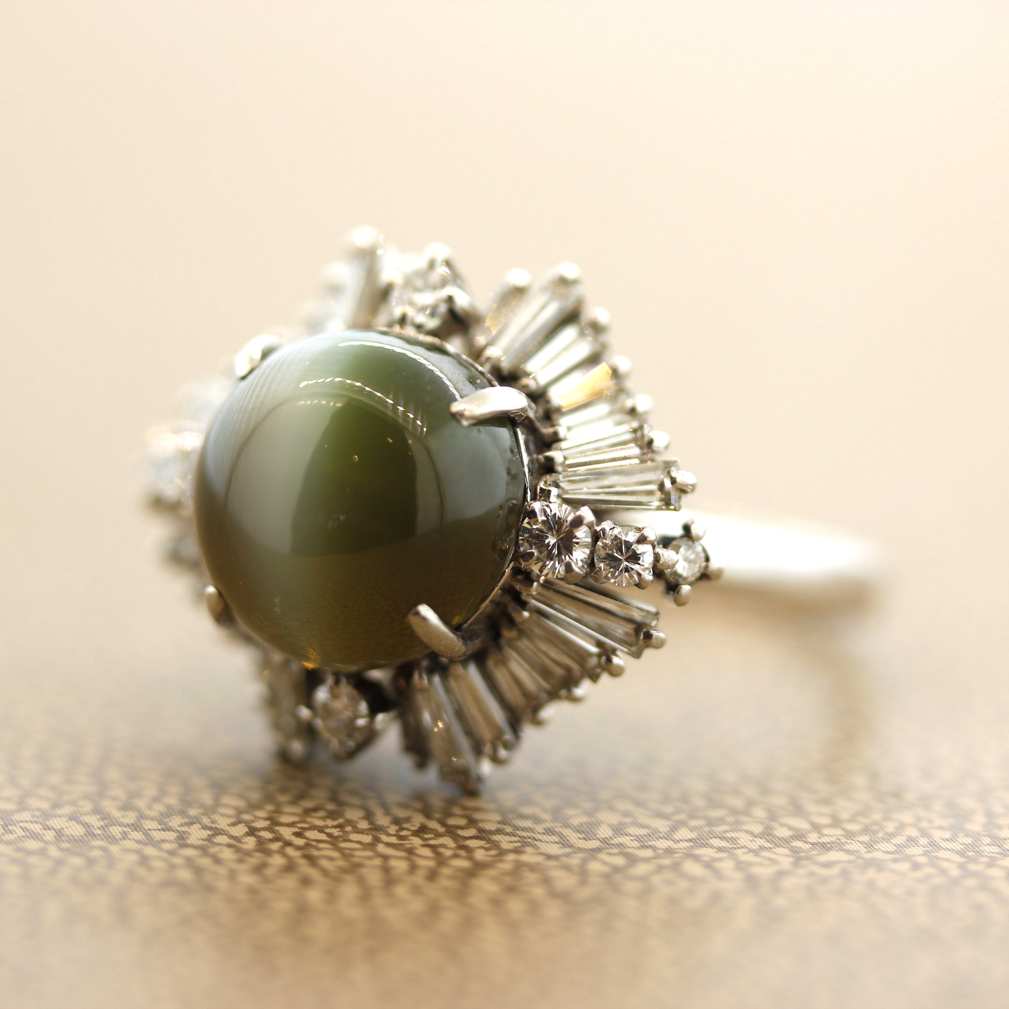 Cats Eye Chrysoberyl Diamond Platinum Sunburst Ring