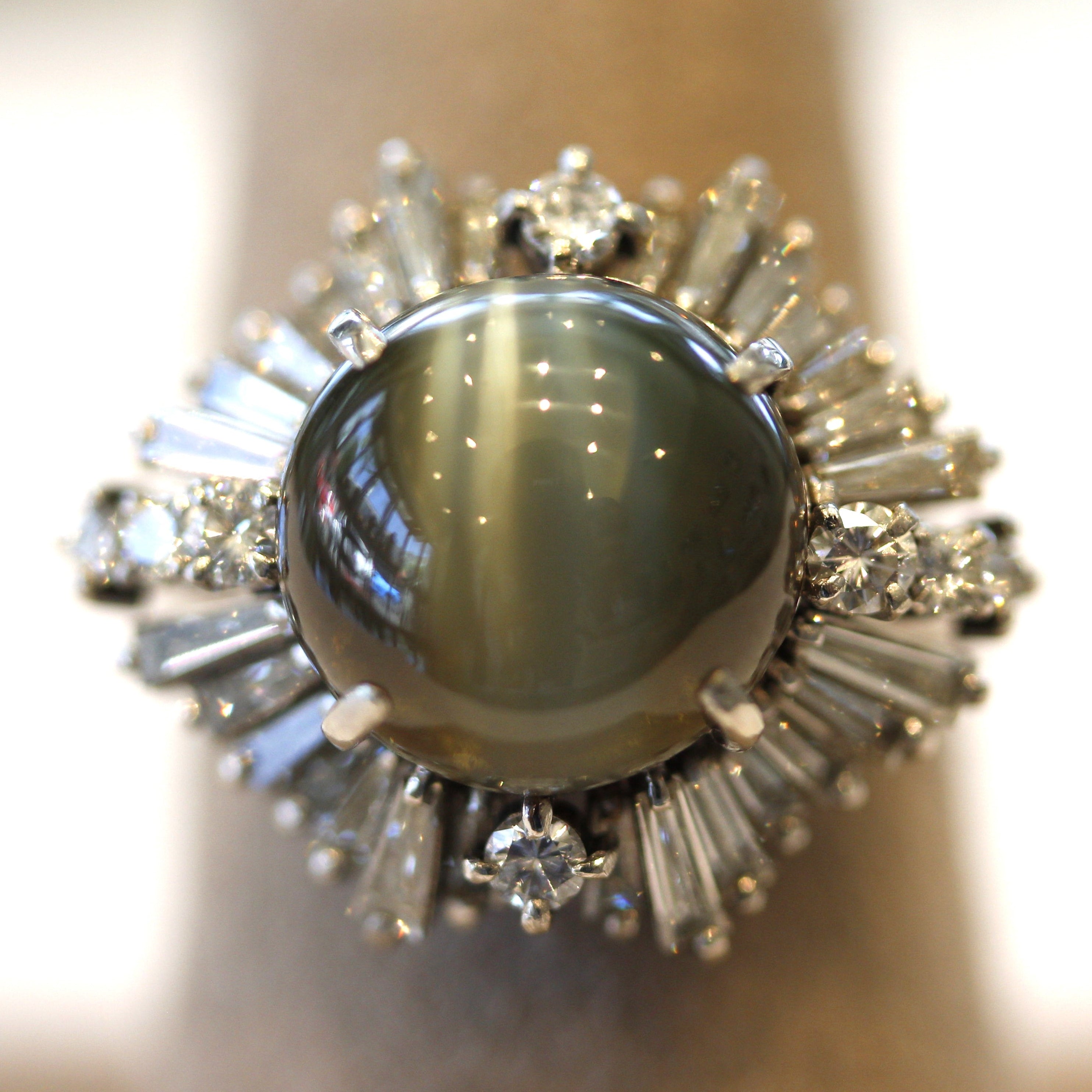 Cats Eye Chrysoberyl Diamond Platinum Sunburst Ring