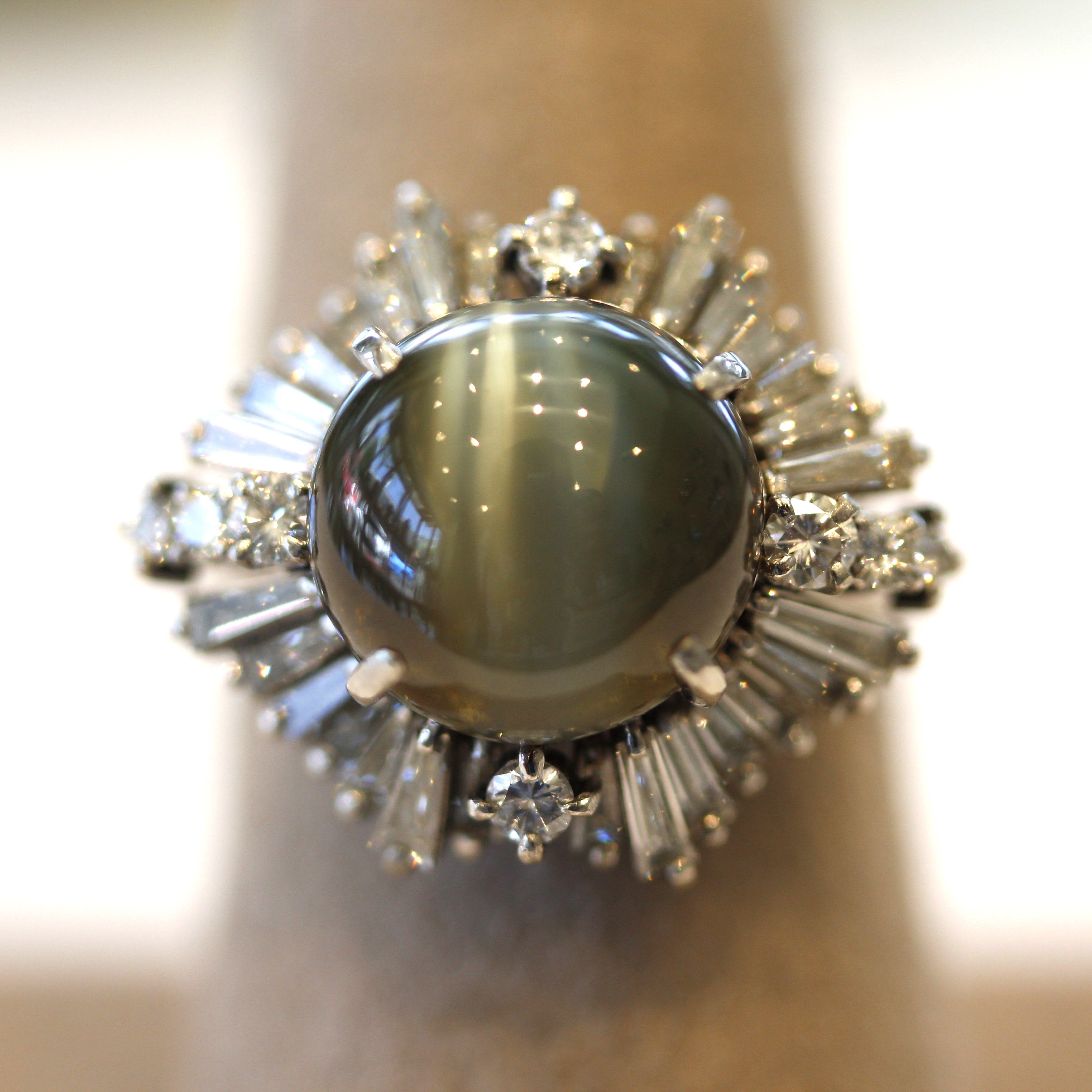 Cats Eye Chrysoberyl Diamond Platinum Sunburst Ring