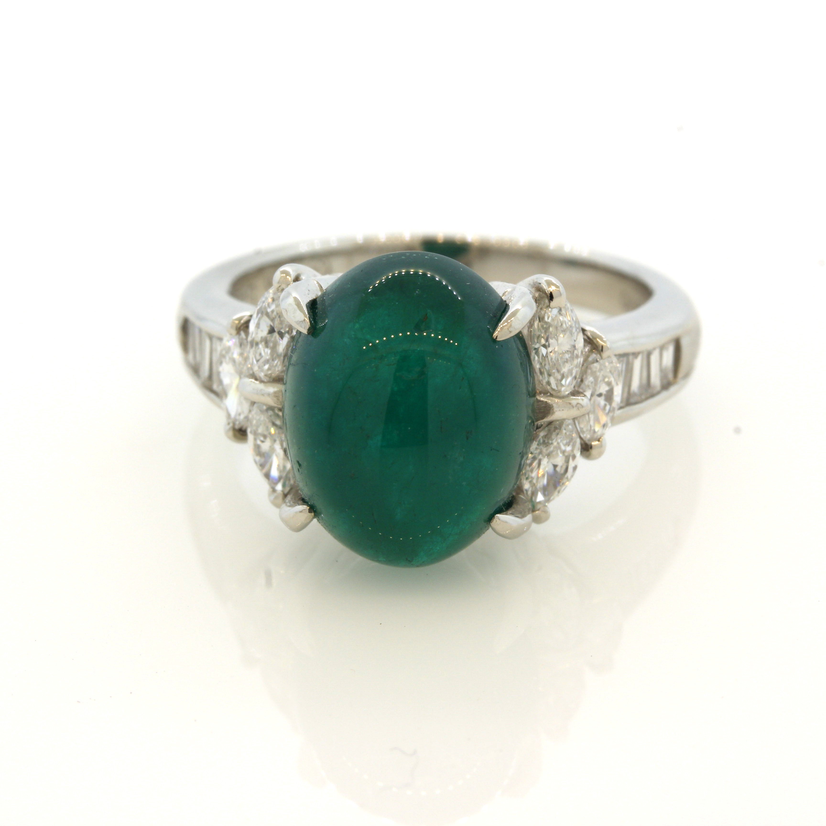 Cabochon Emerald Diamond Platinum Ring