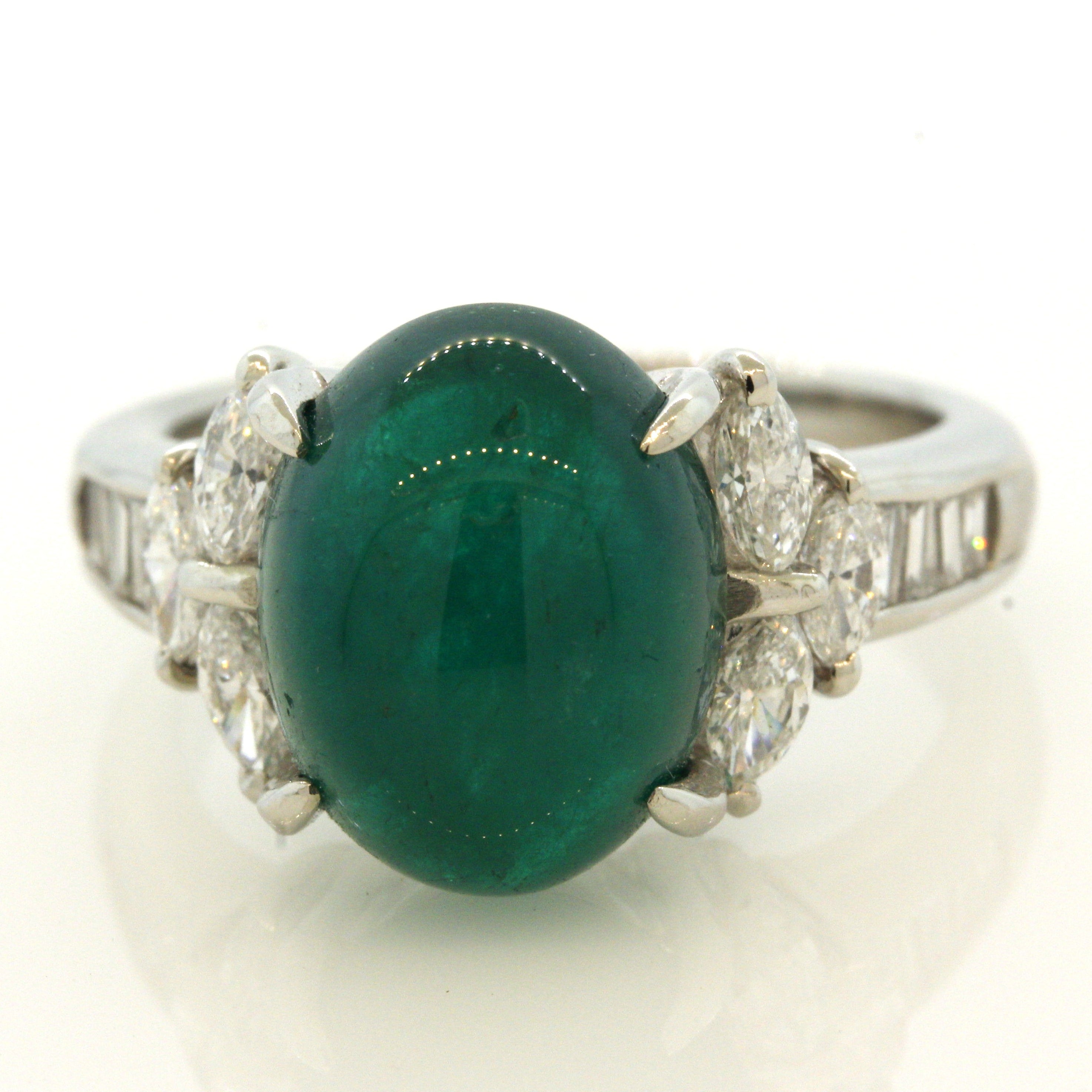 Cabochon Emerald Diamond Platinum Ring