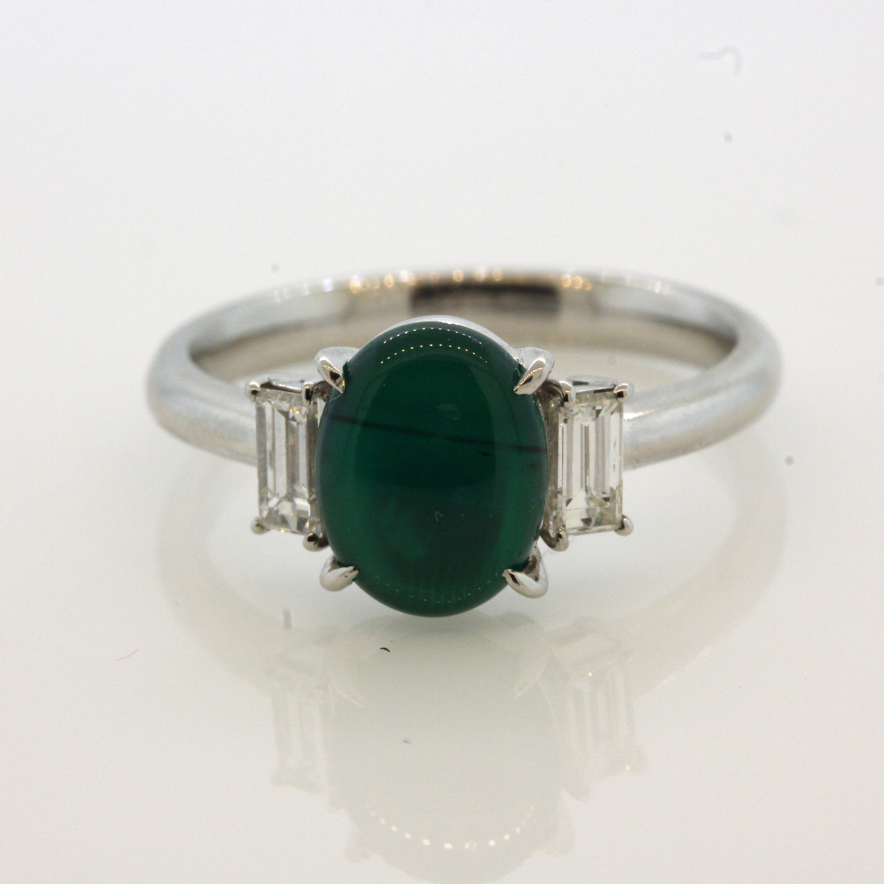 Gem Cats Eye Emerald Diamond Platinum 3-Stone Ring