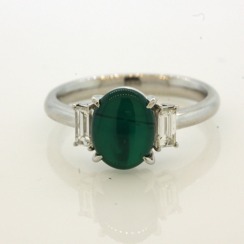 Gem Cats Eye Emerald Diamond Platinum 3-Stone Ring