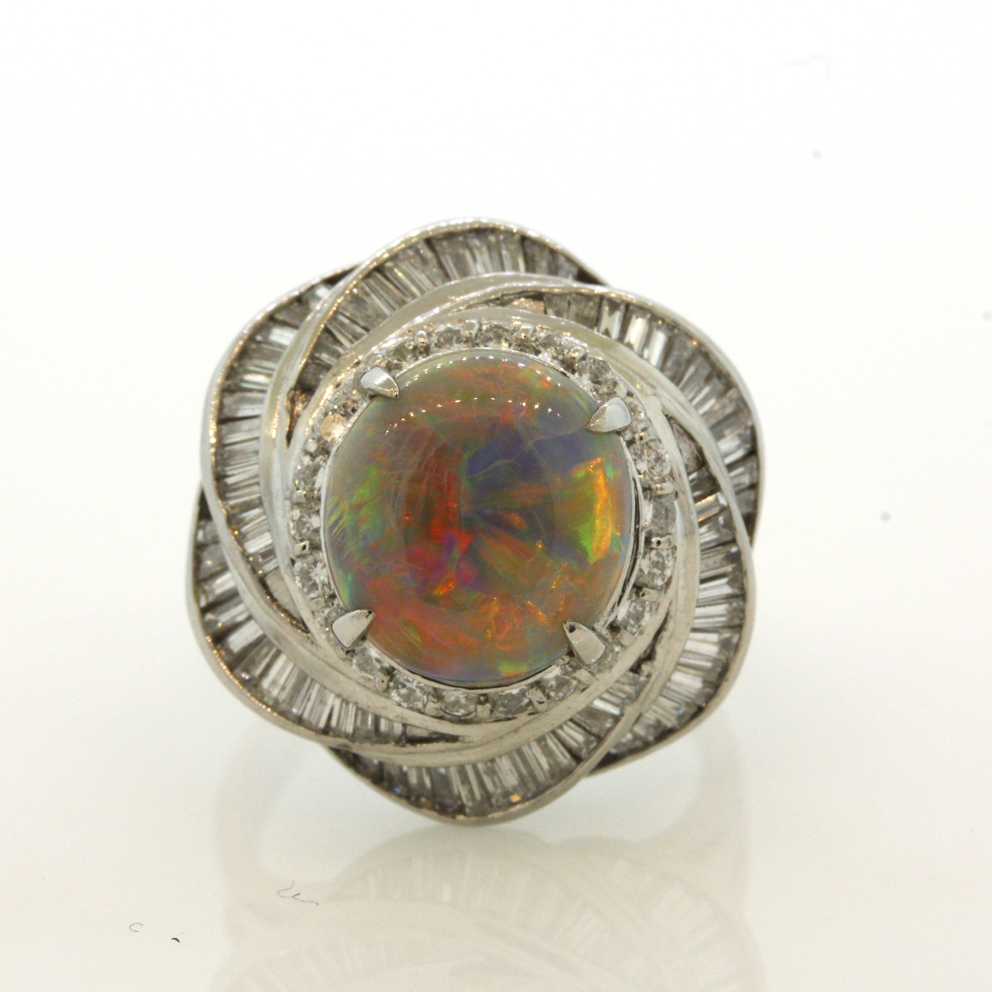 Fine Australian Opal Diamond Spiral Platinum Ring