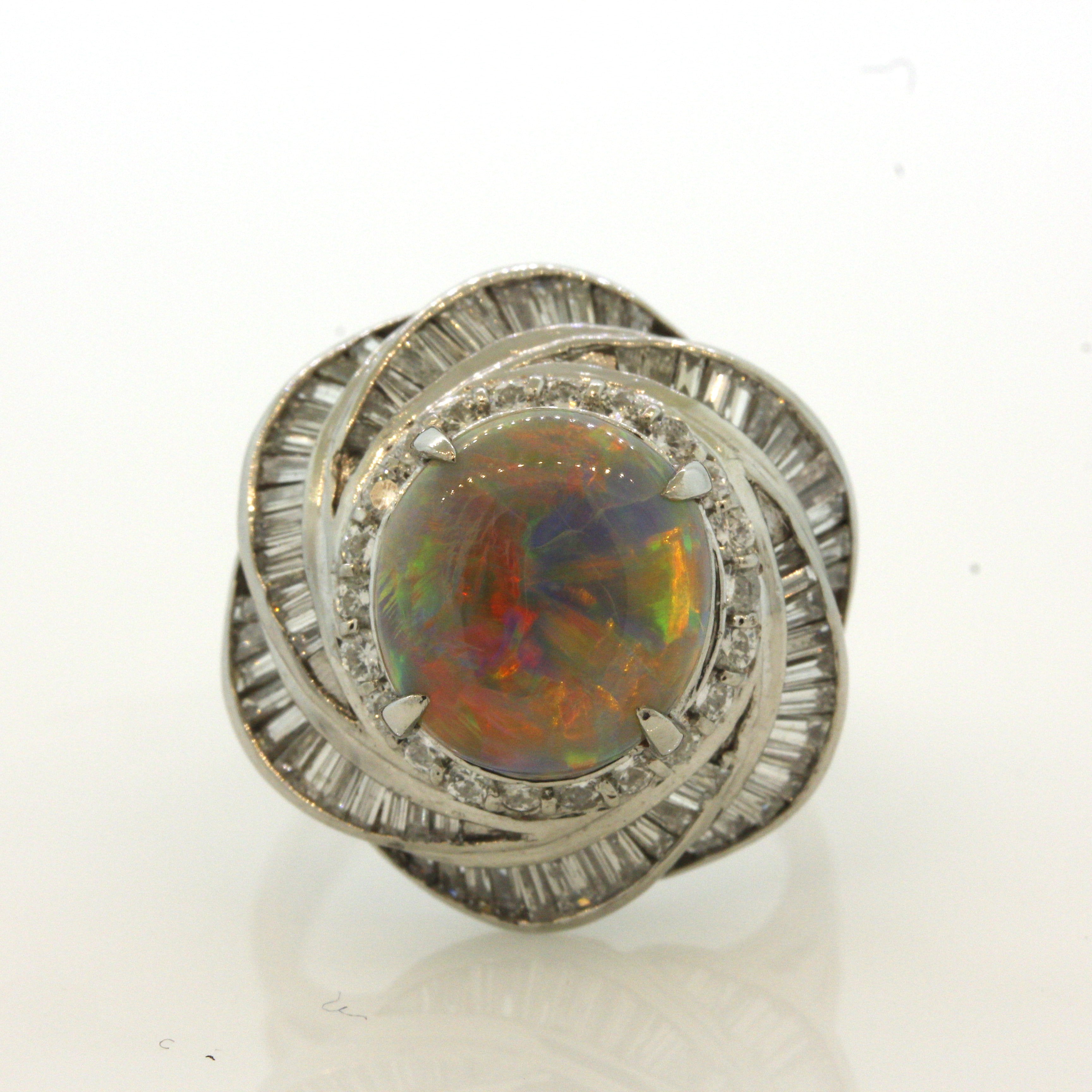 Fine Australian Opal Diamond Spiral Platinum Ring