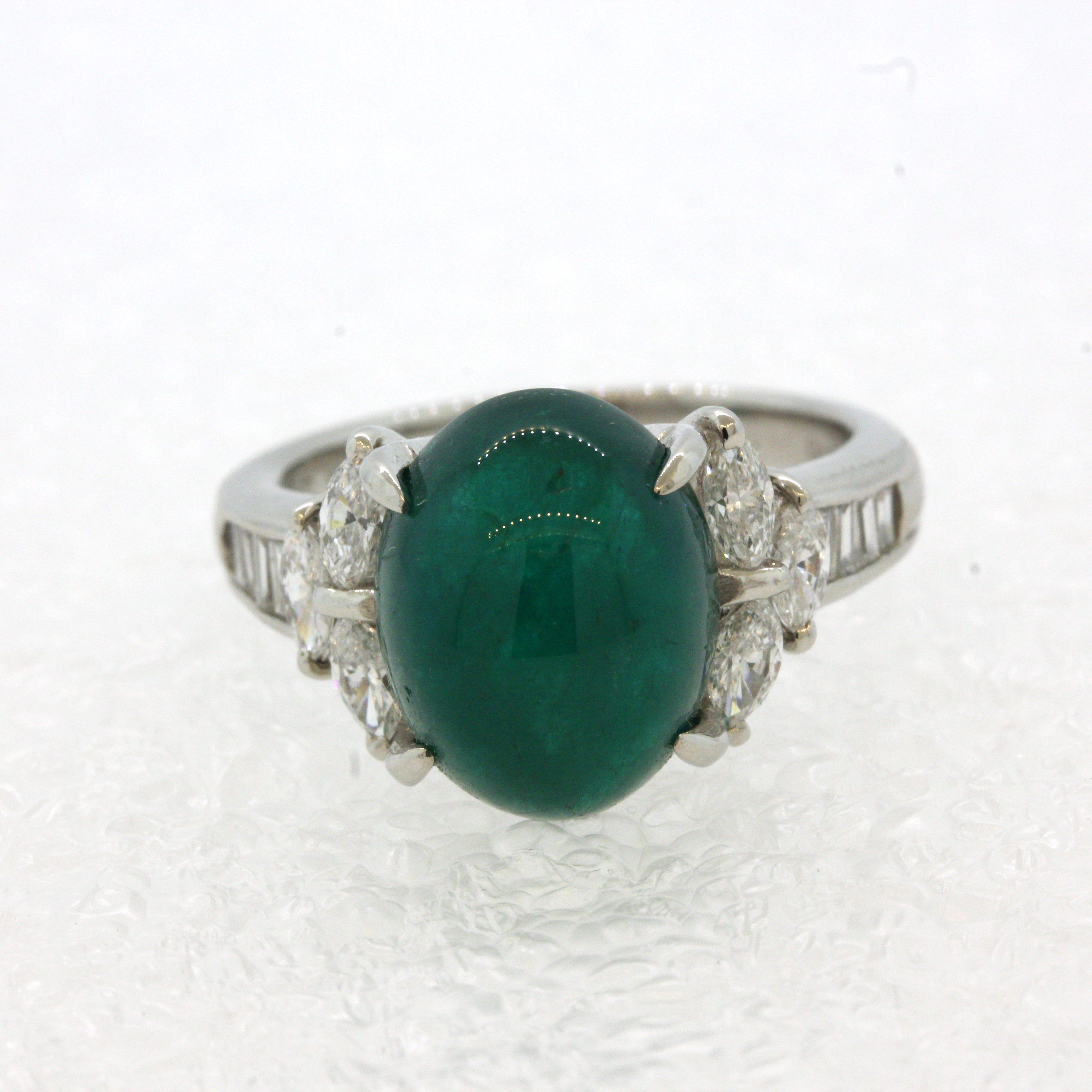 Cabochon Emerald Diamond Platinum Ring