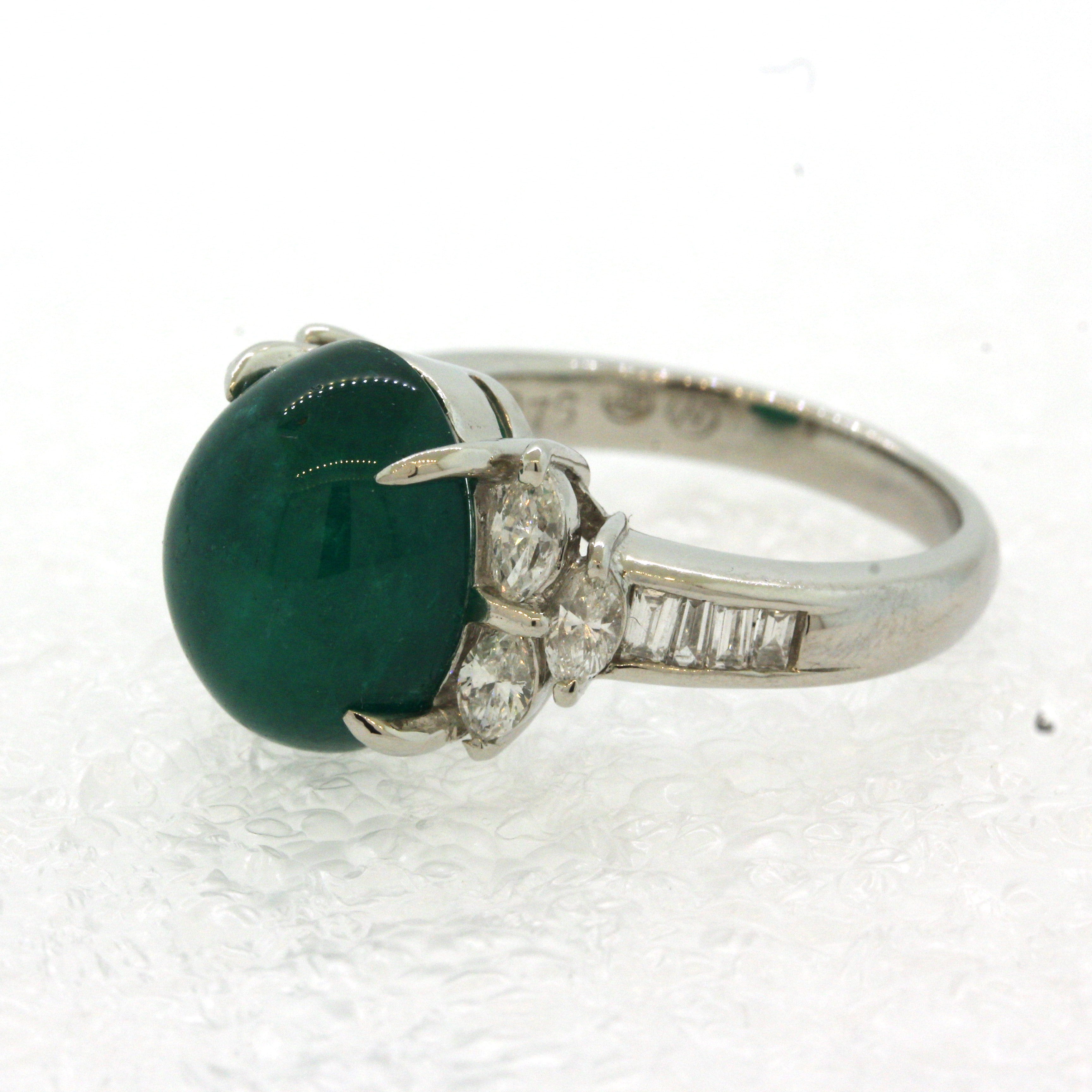 Cabochon Emerald Diamond Platinum Ring