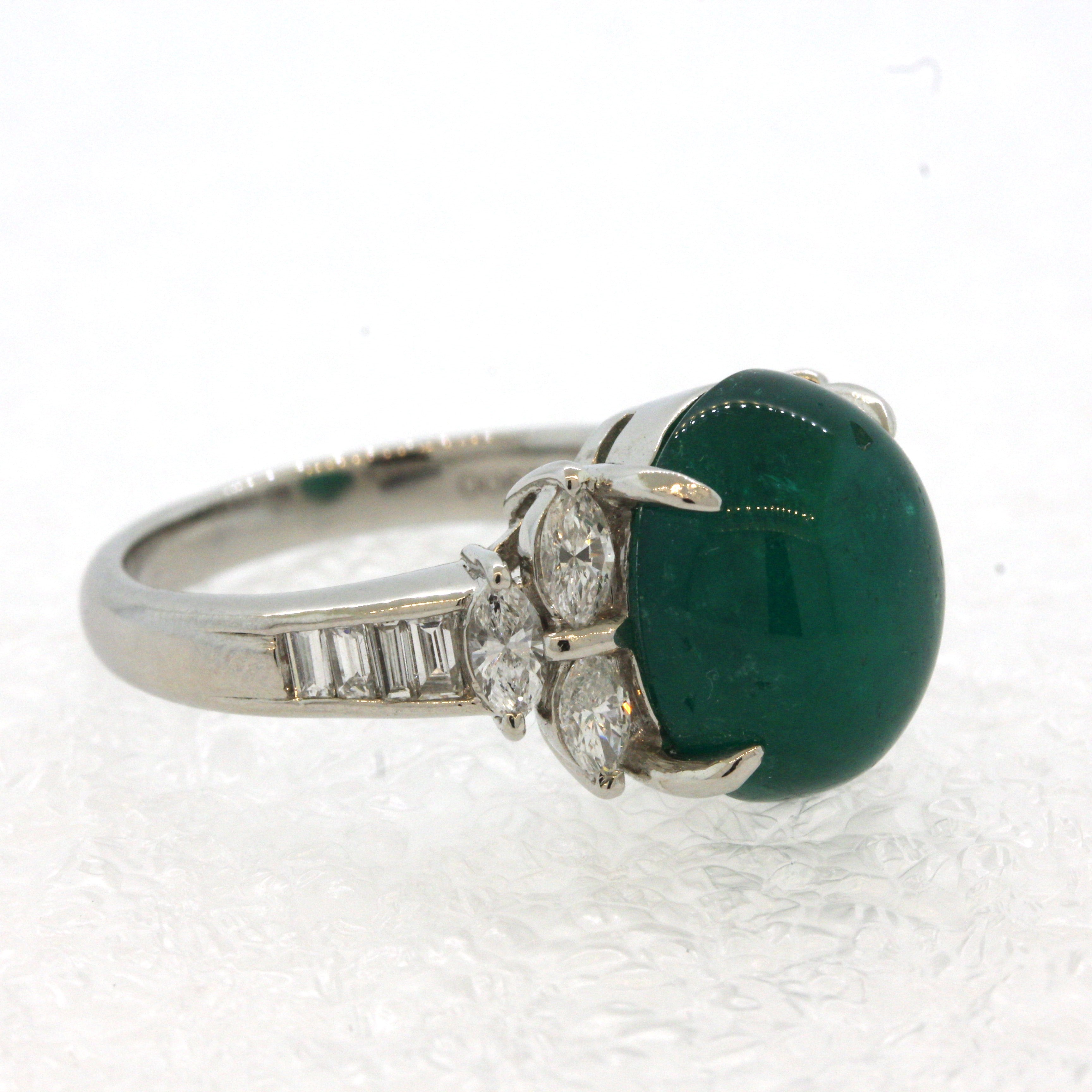 Cabochon Emerald Diamond Platinum Ring