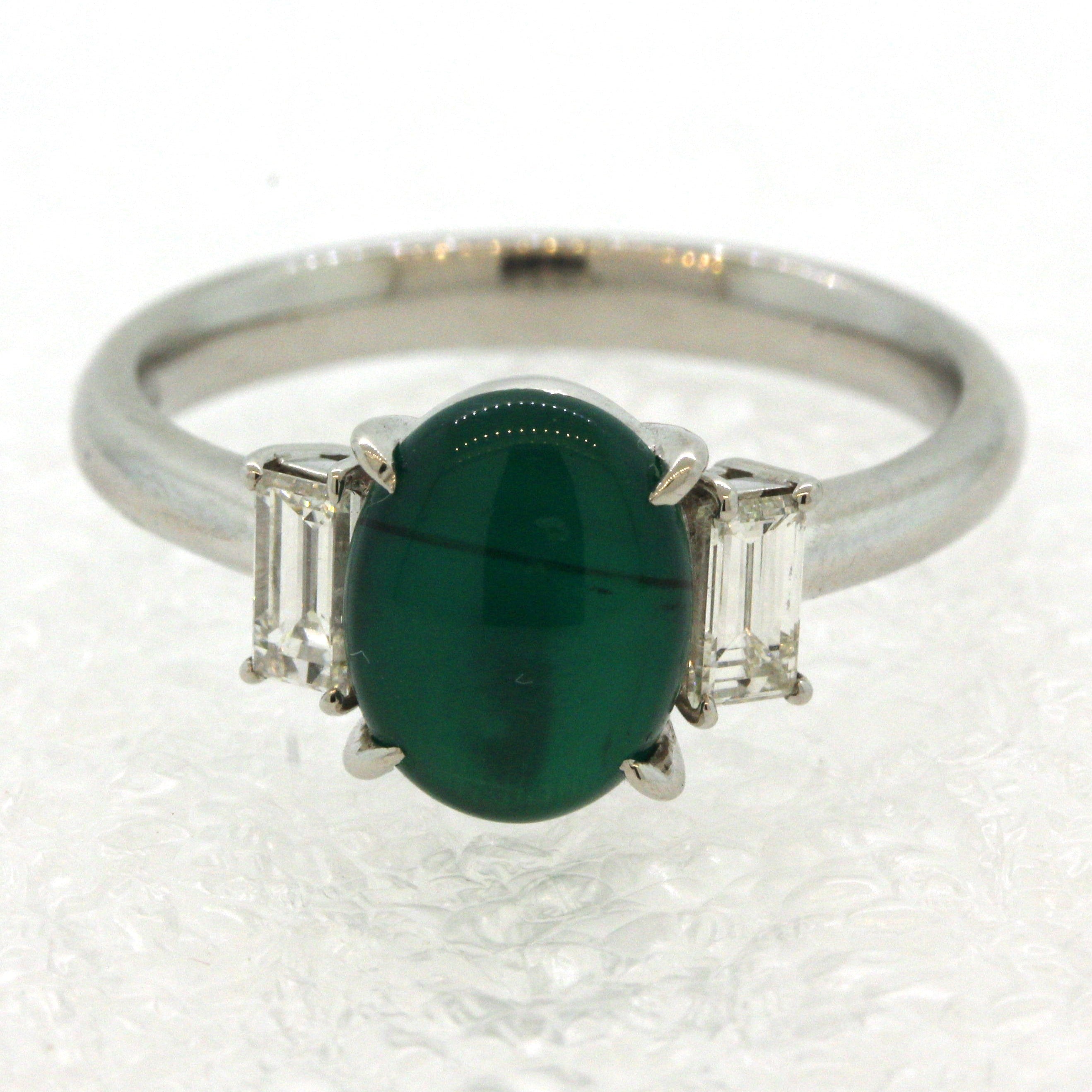 Gem Cats Eye Emerald Diamond Platinum 3-Stone Ring