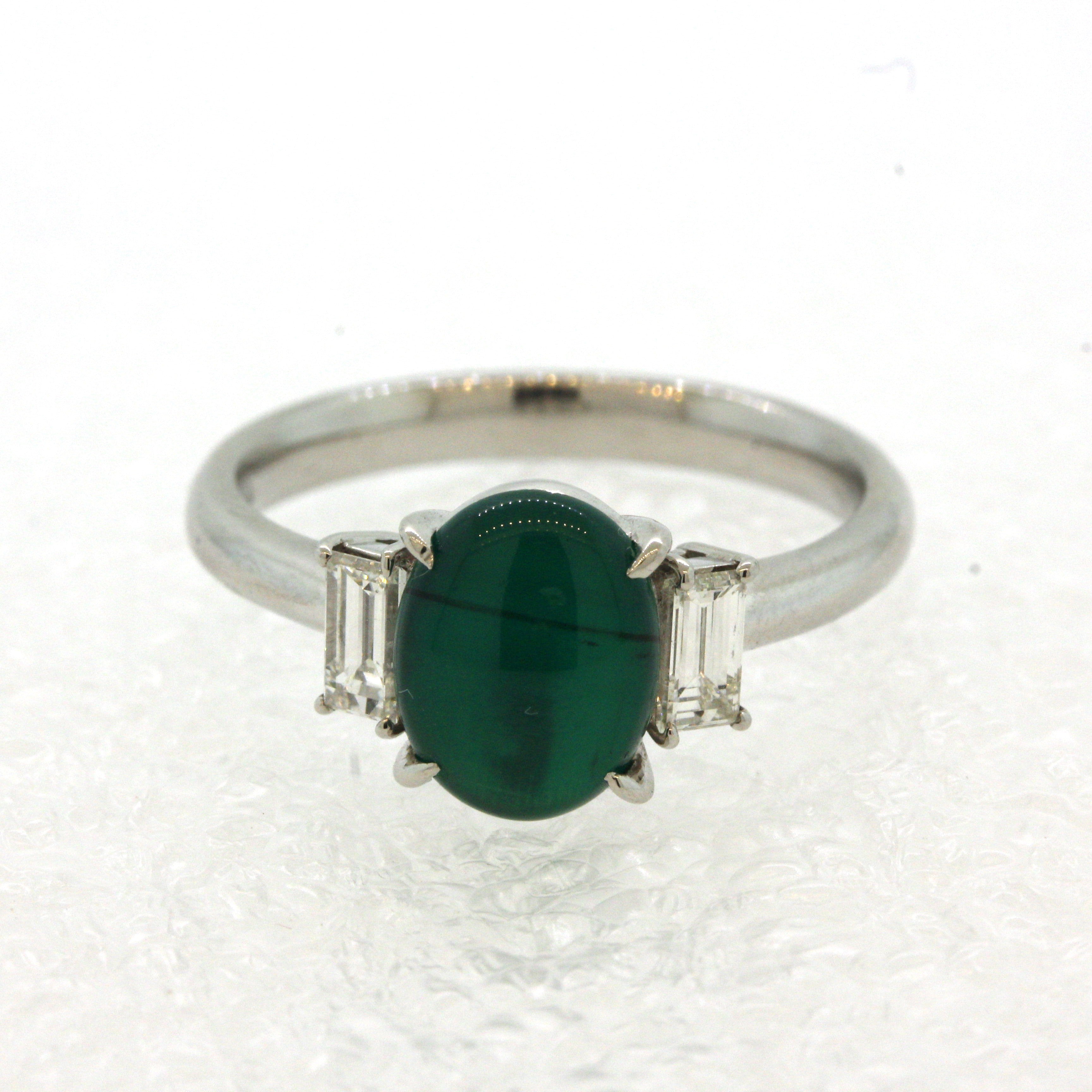 Gem Cats Eye Emerald Diamond Platinum 3-Stone Ring