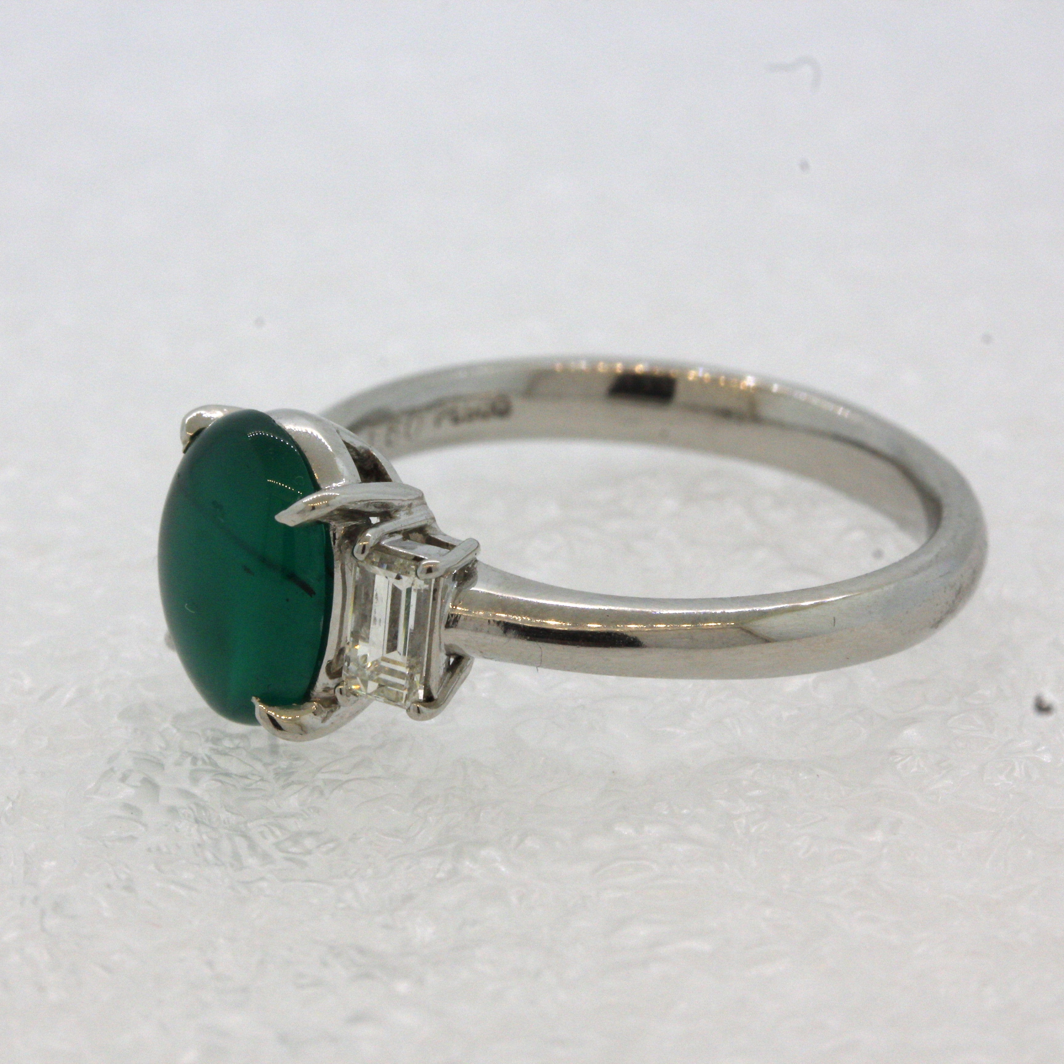 Gem Cats Eye Emerald Diamond Platinum 3-Stone Ring