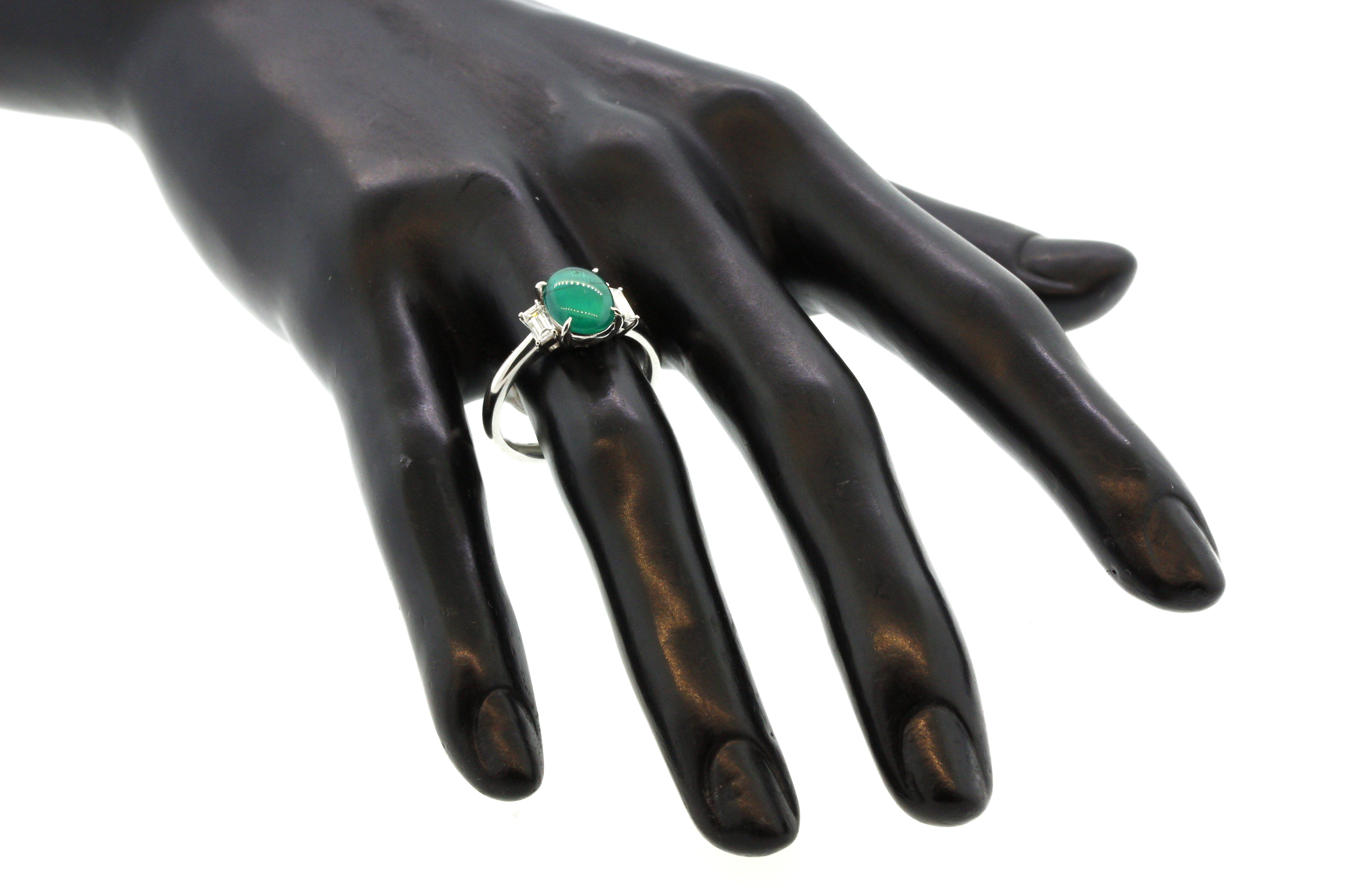 Gem Cats Eye Emerald Diamond Platinum 3-Stone Ring