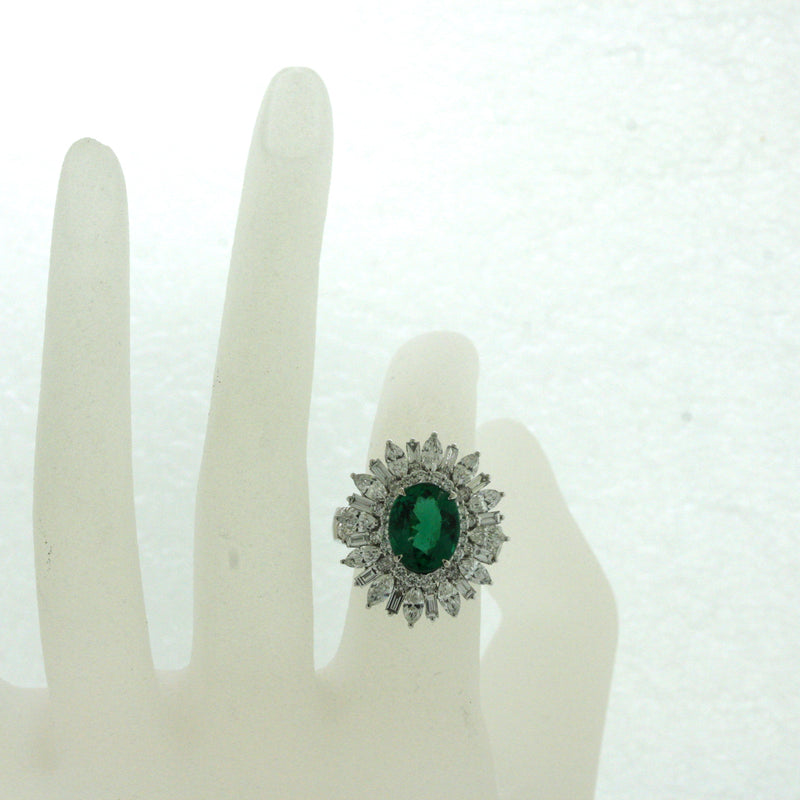 Gem Emerald Diamond Gold Sunburst Ring, AGL Certified