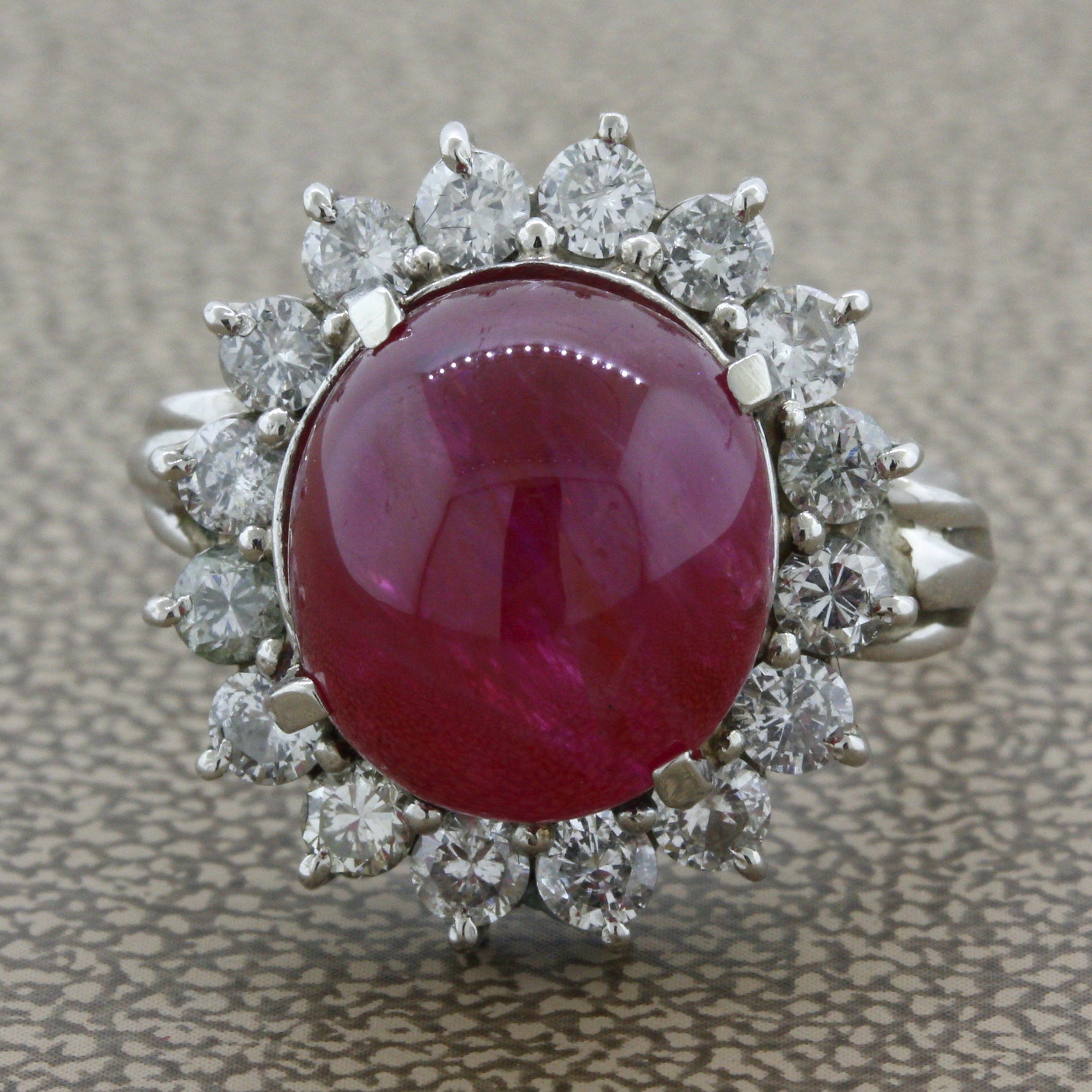 10.30 Carat No-Heat Ruby Cabochon Diamond Platinum Ring, GIA Certified