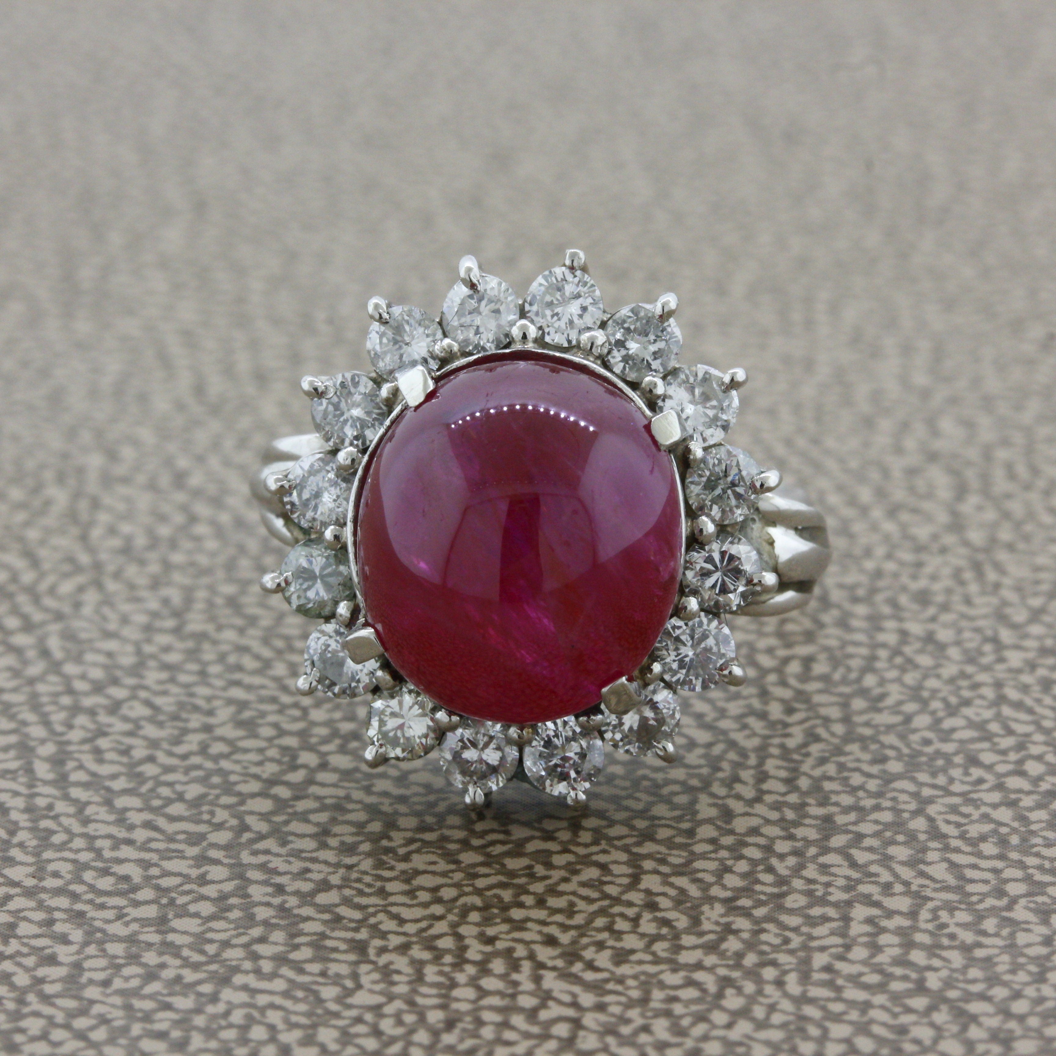 10.30 Carat No-Heat Ruby Cabochon Diamond Platinum Ring, GIA Certified