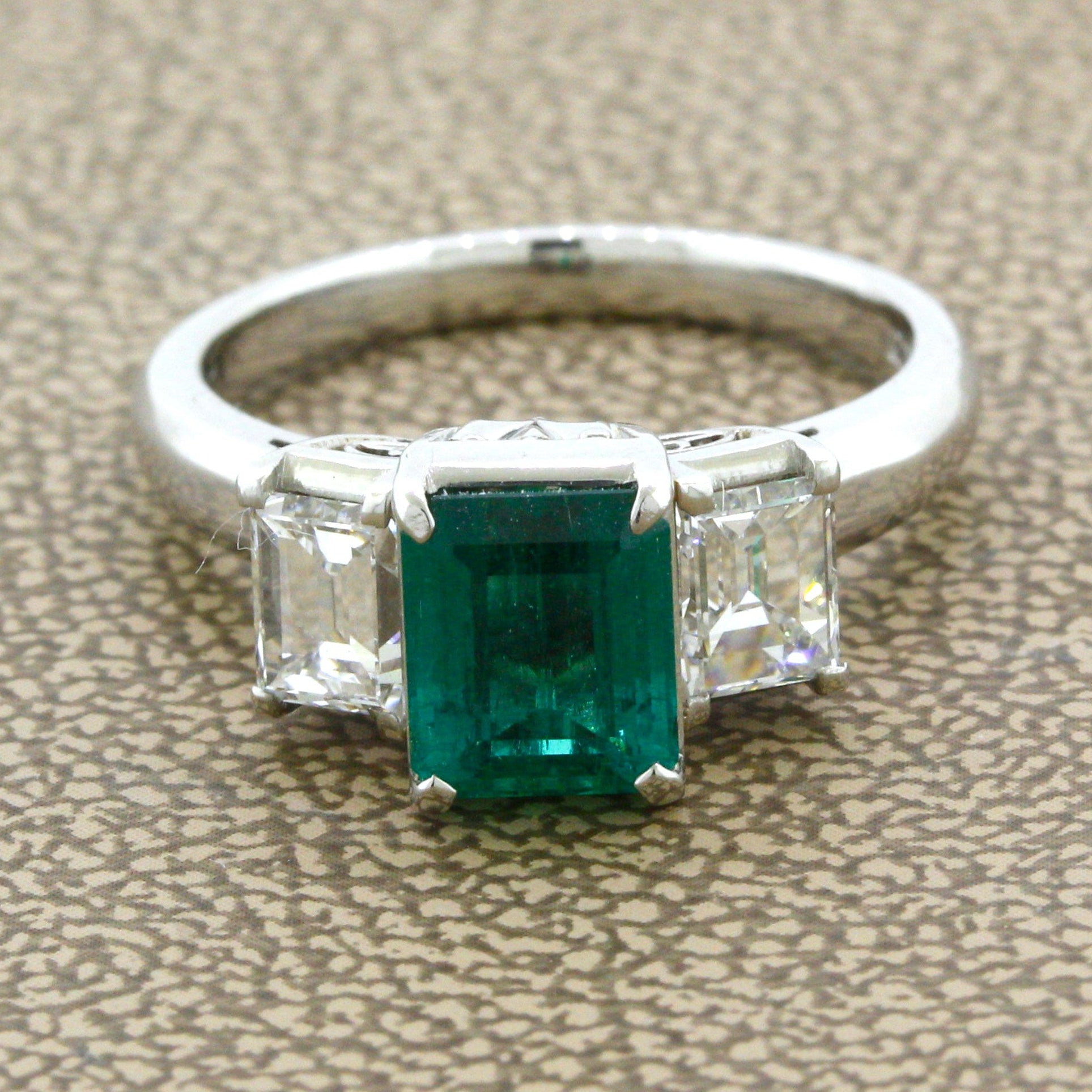 1.21 Carat Emerald Diamond 3-Stone Platinum Ring
