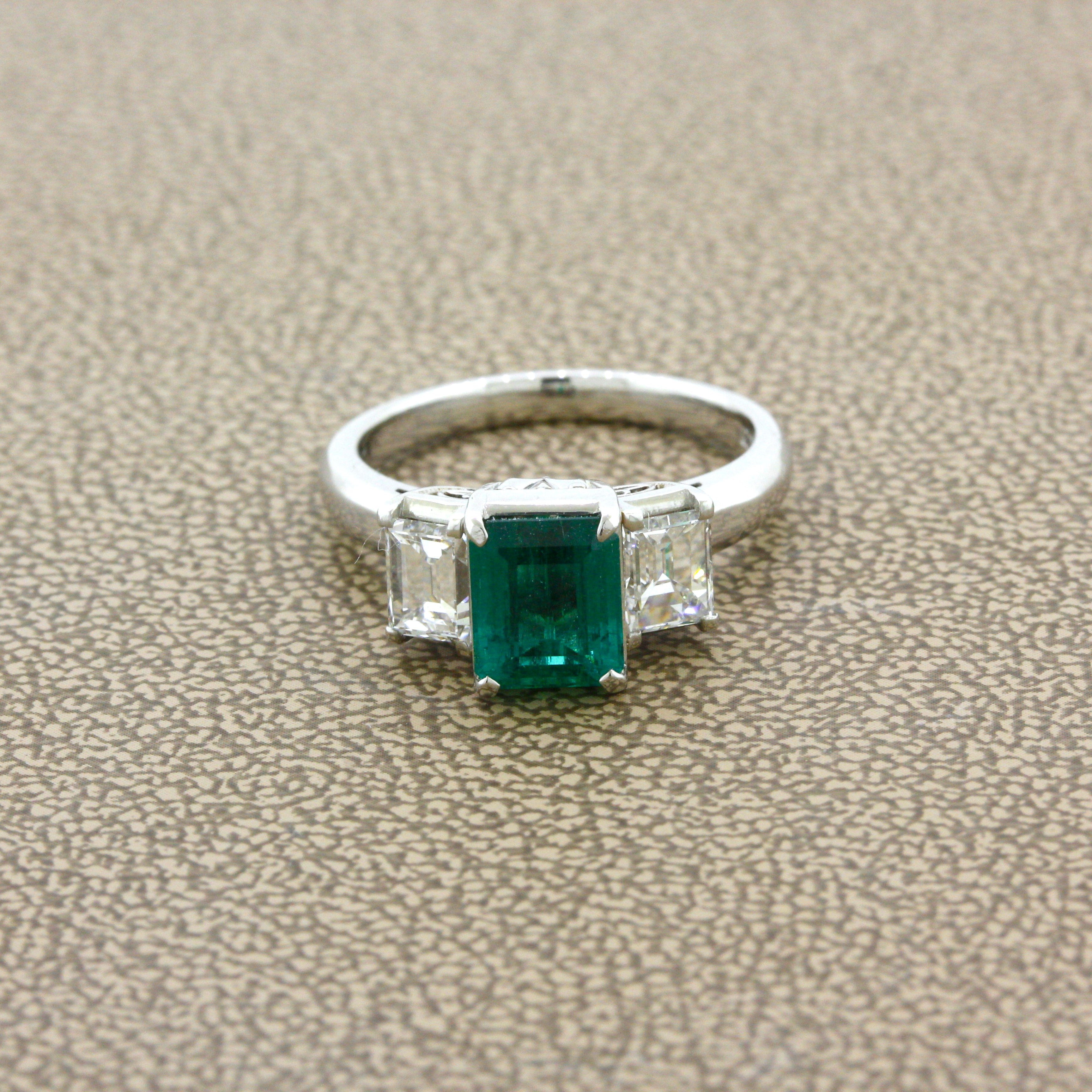 1.21 Carat Emerald Diamond 3-Stone Platinum Ring