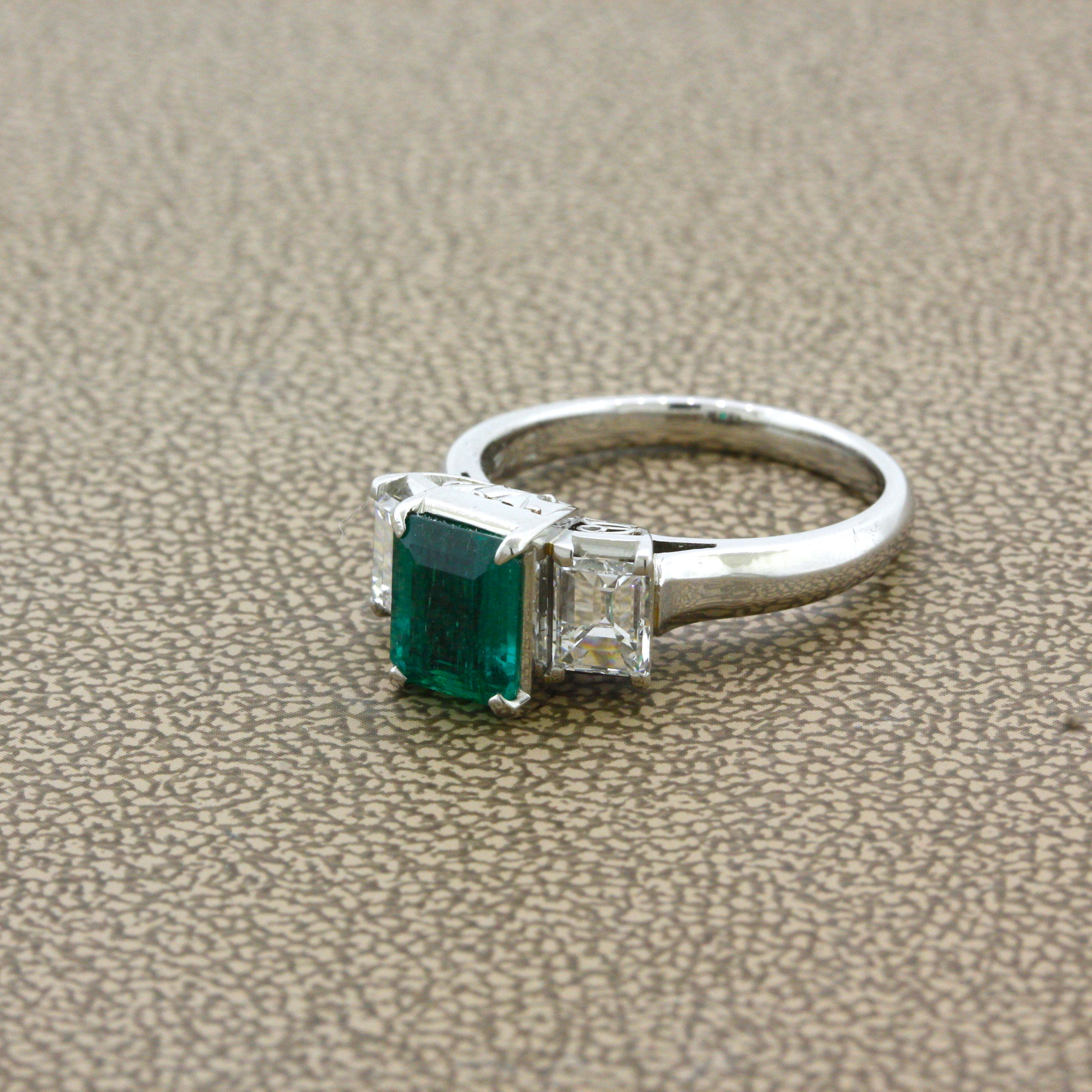 1.21 Carat Emerald Diamond 3-Stone Platinum Ring