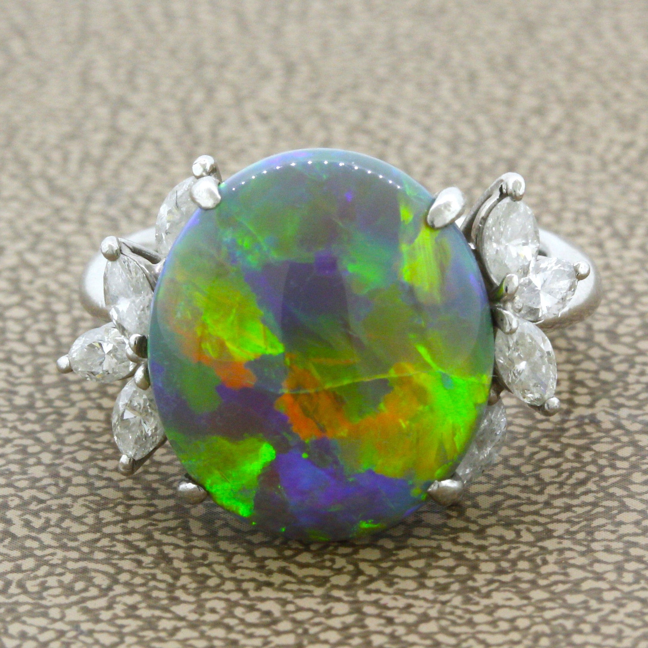 7.78 Carat Australian Black Crystal Opal Diamond Platinum Ring
