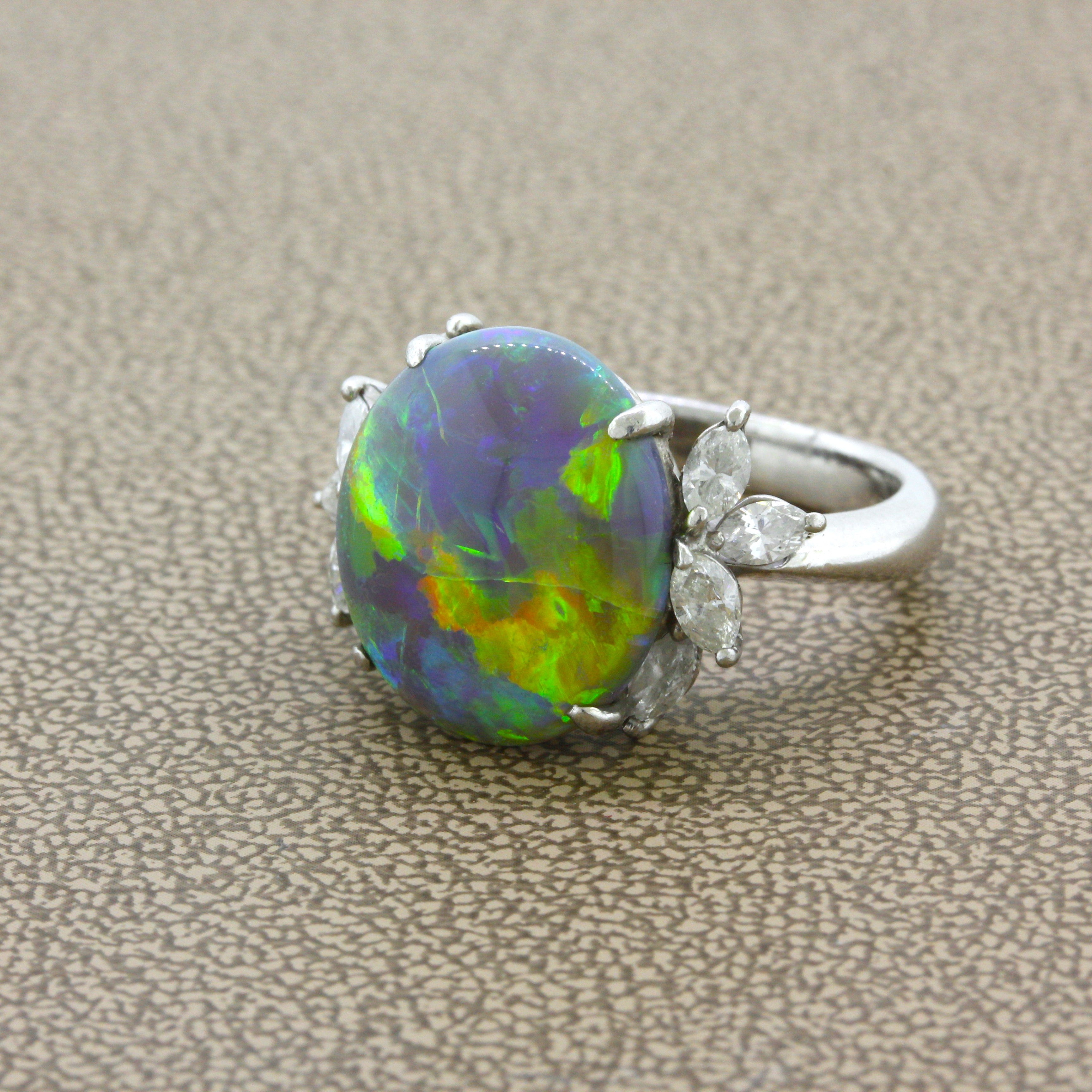 7.78 Carat Australian Black Crystal Opal Diamond Platinum Ring