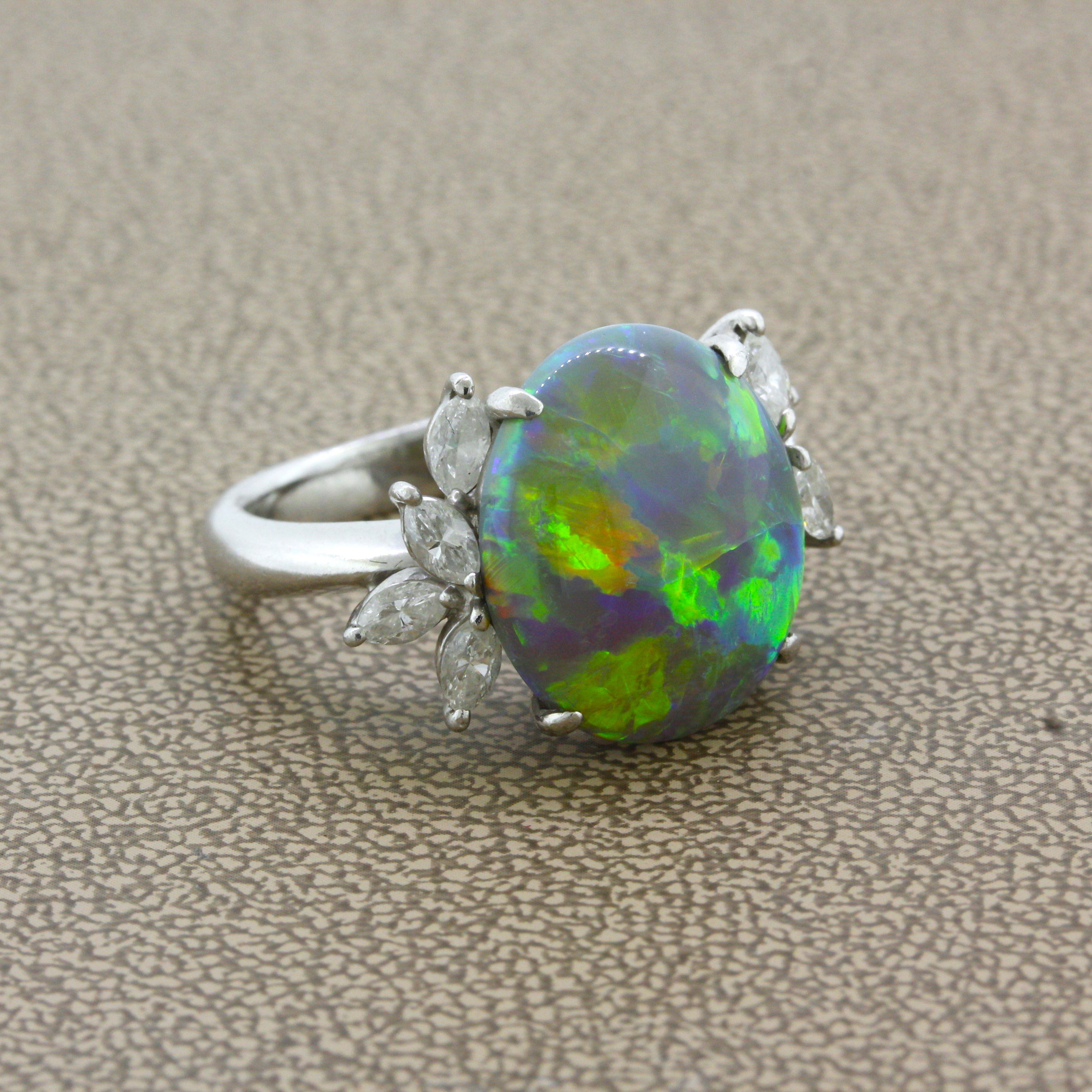 7.78 Carat Australian Black Crystal Opal Diamond Platinum Ring