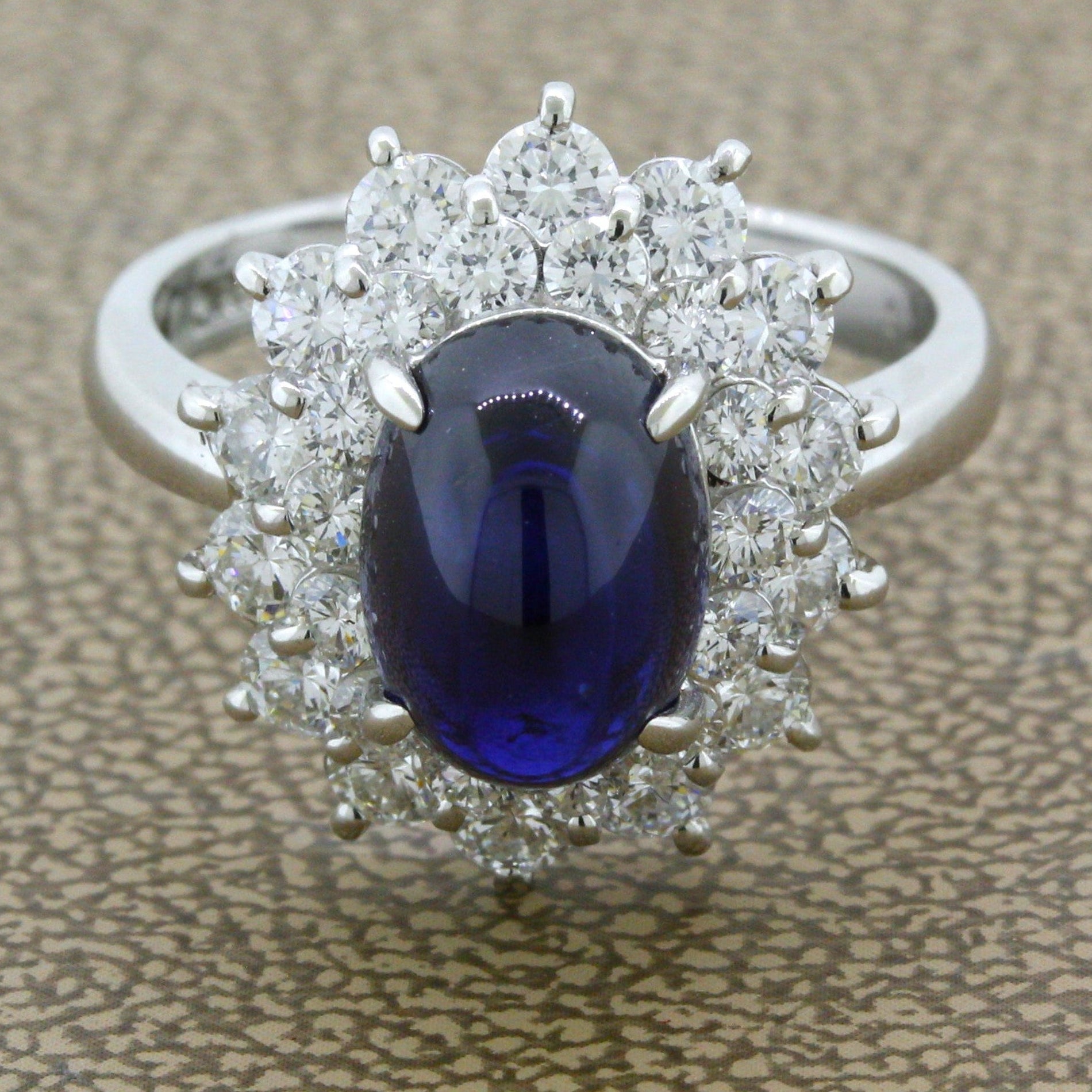 4.90 Carat Royal-Blue Cabochon Sapphire Diamond Platinum Ring