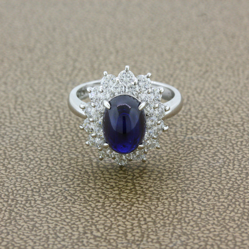 4.90 Carat Royal-Blue Cabochon Sapphire Diamond Platinum Ring