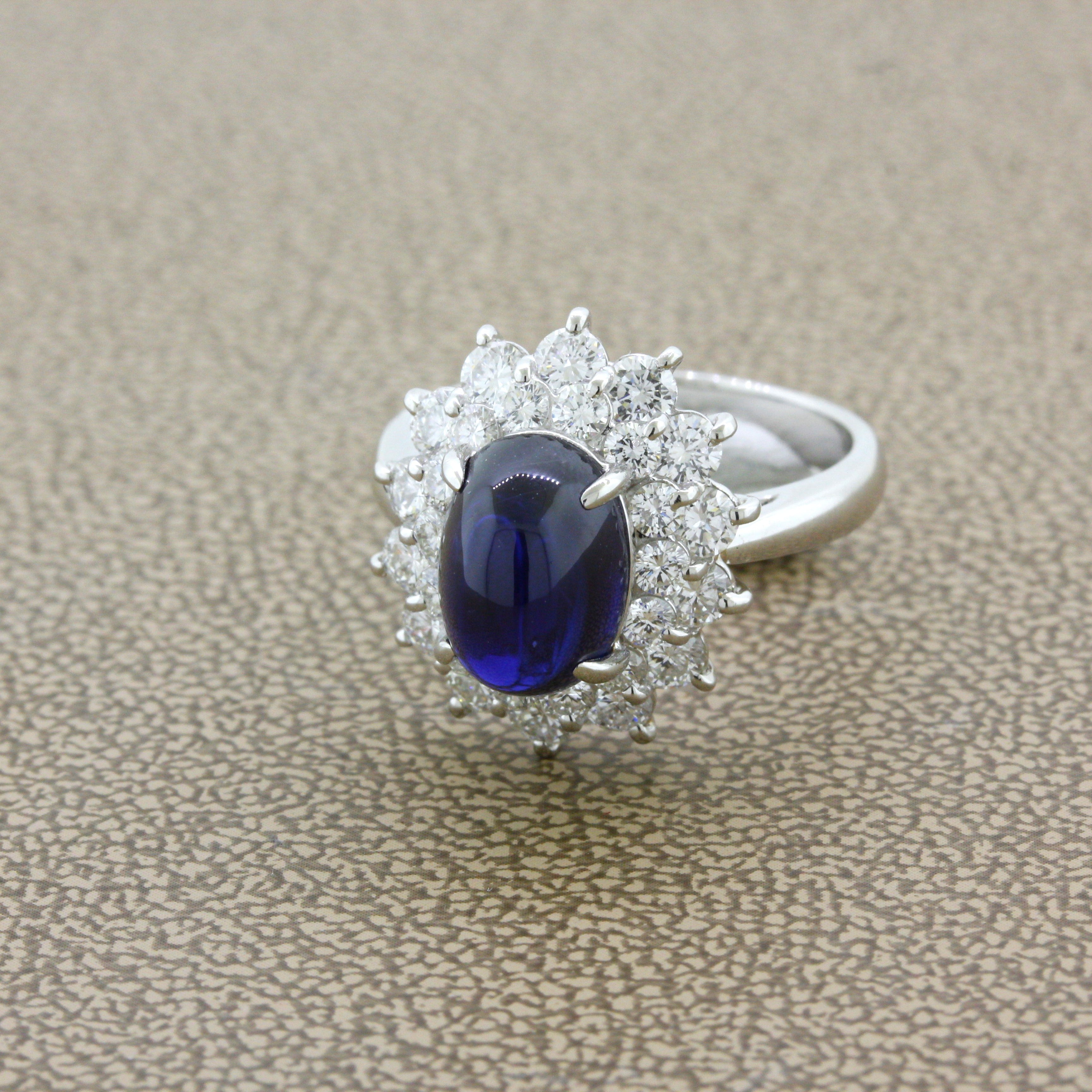 4.90 Carat Royal-Blue Cabochon Sapphire Diamond Platinum Ring