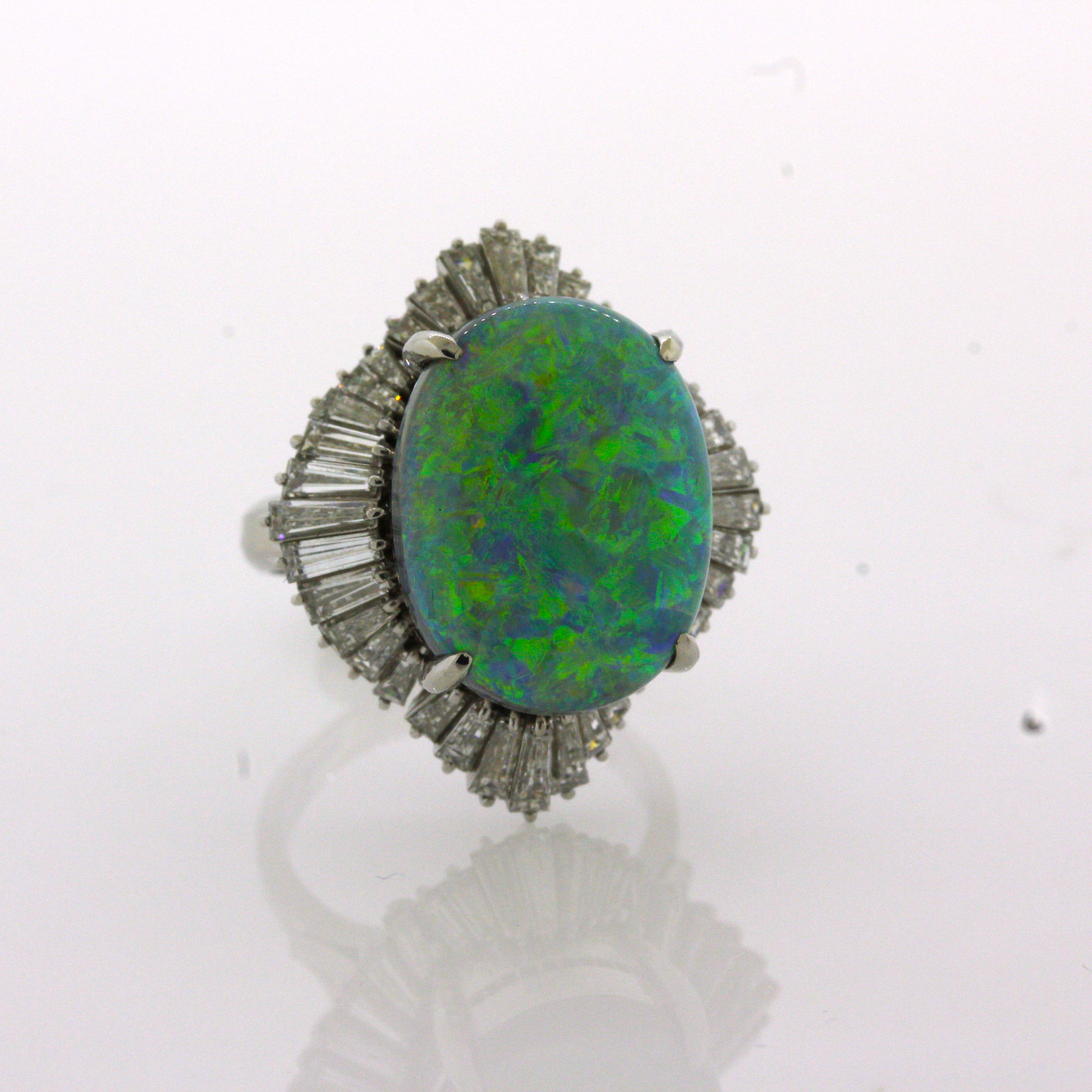 10.60 Carat Australian Black Opal Diamond Platinum Ballerina Ring