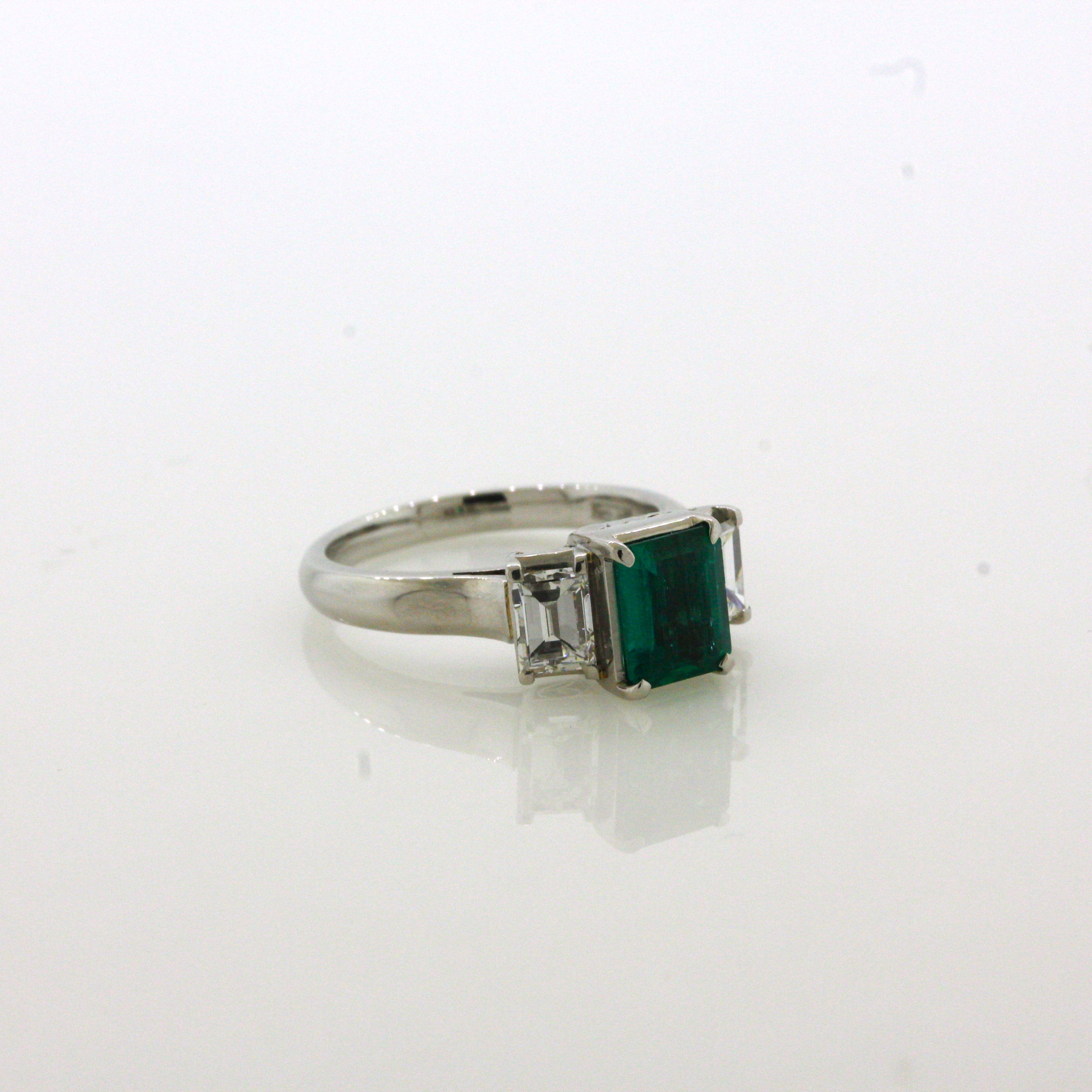 1.21 Carat Emerald Diamond 3-Stone Platinum Ring