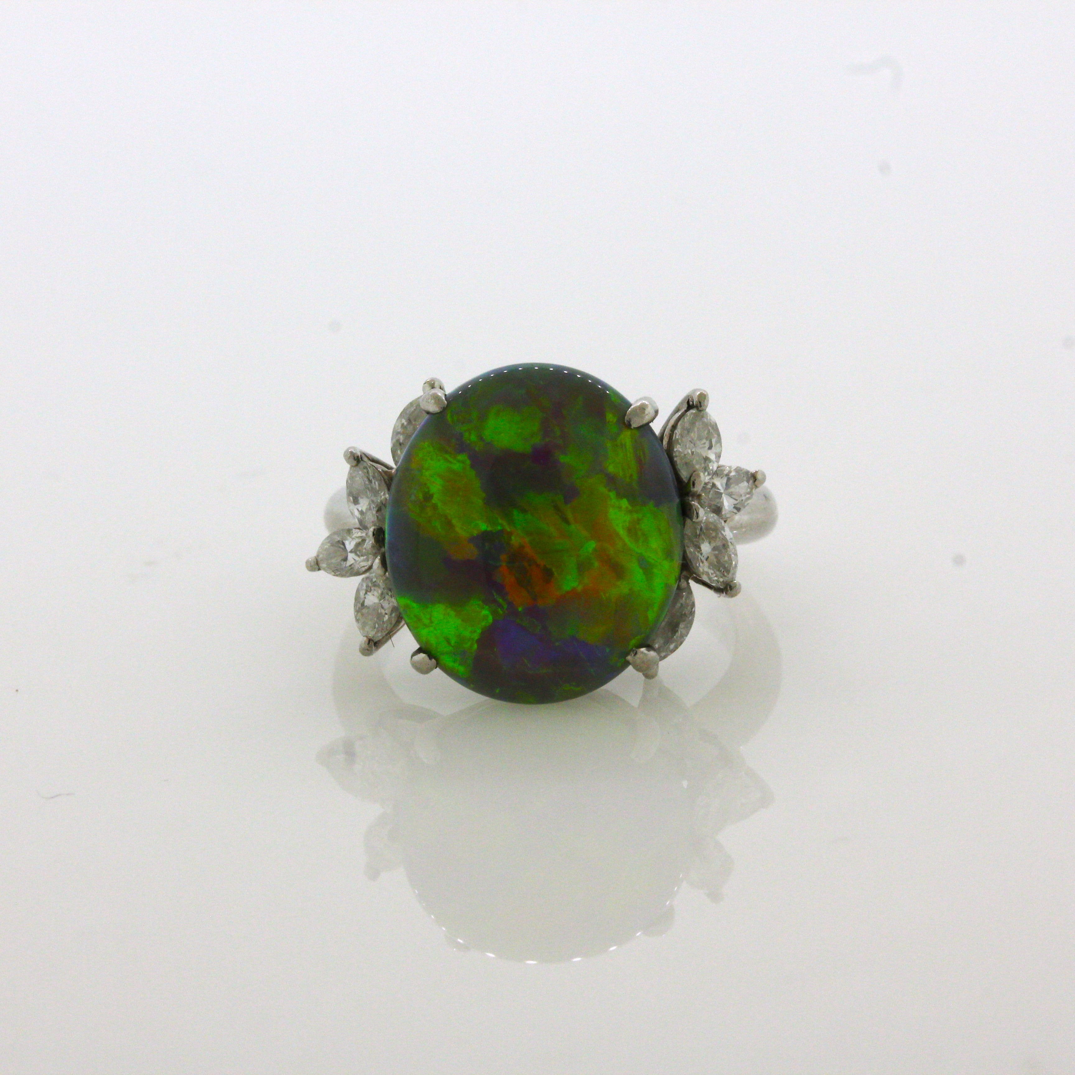 7.78 Carat Australian Black Crystal Opal Diamond Platinum Ring