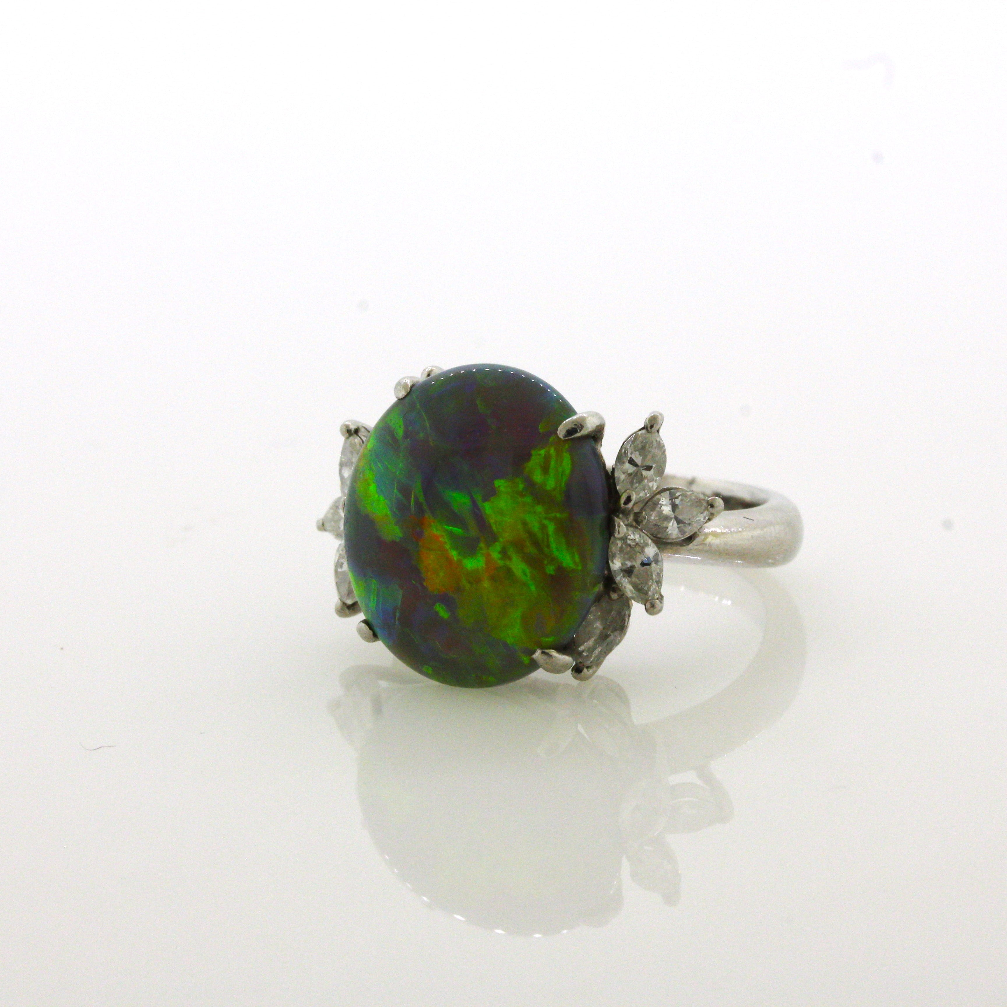 7.78 Carat Australian Black Crystal Opal Diamond Platinum Ring