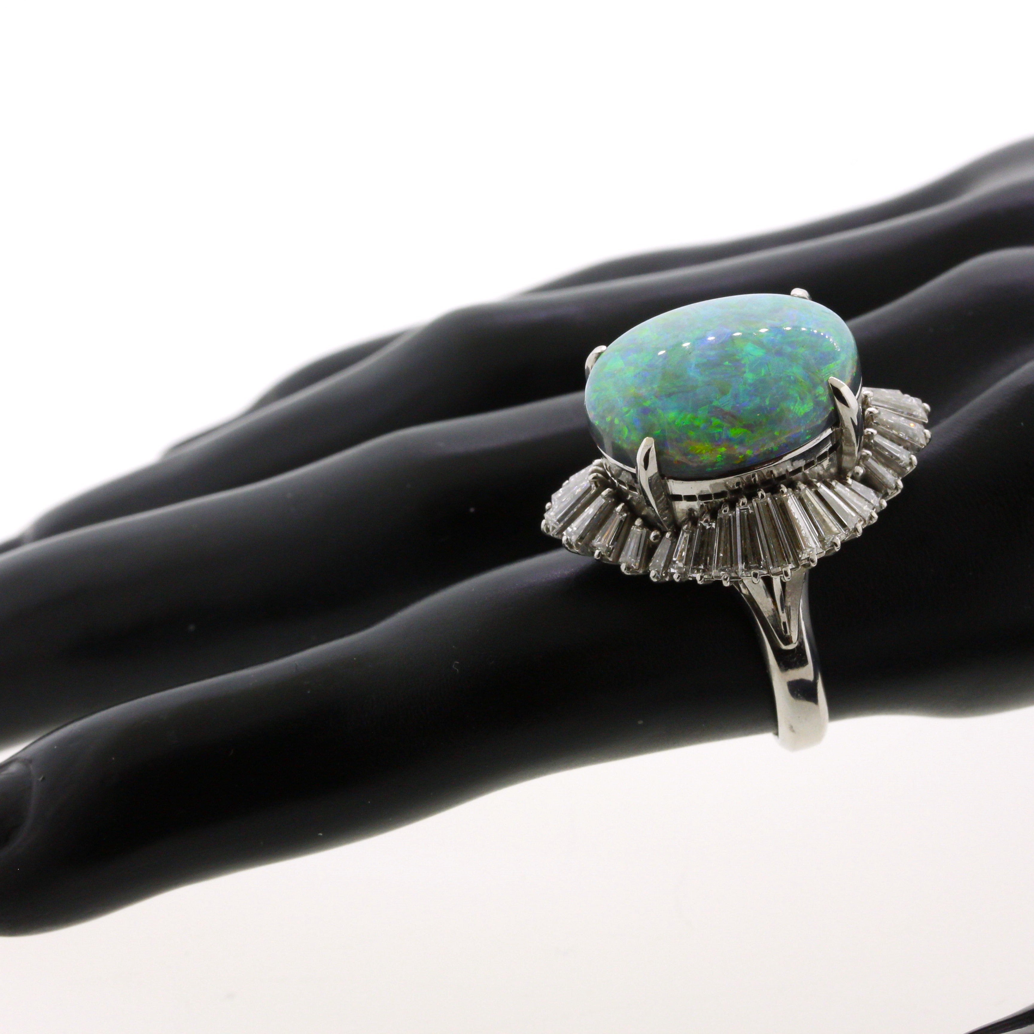 10.60 Carat Australian Black Opal Diamond Platinum Ballerina Ring