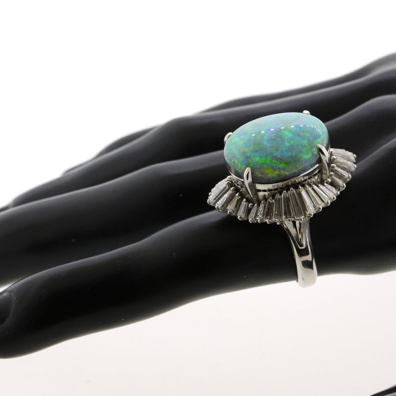 10.60 Carat Australian Black Opal Diamond Platinum Ballerina Ring