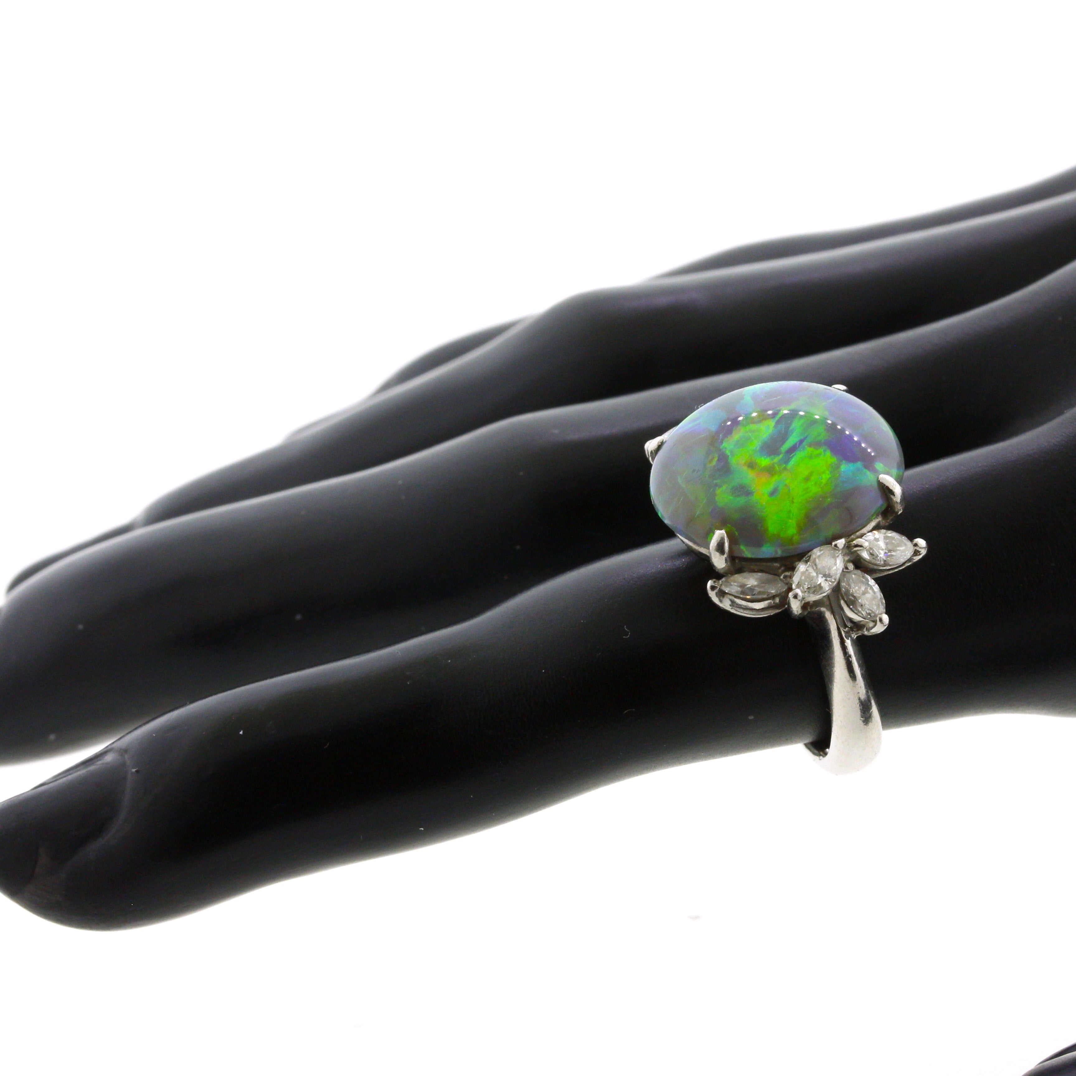 7.78 Carat Australian Black Crystal Opal Diamond Platinum Ring