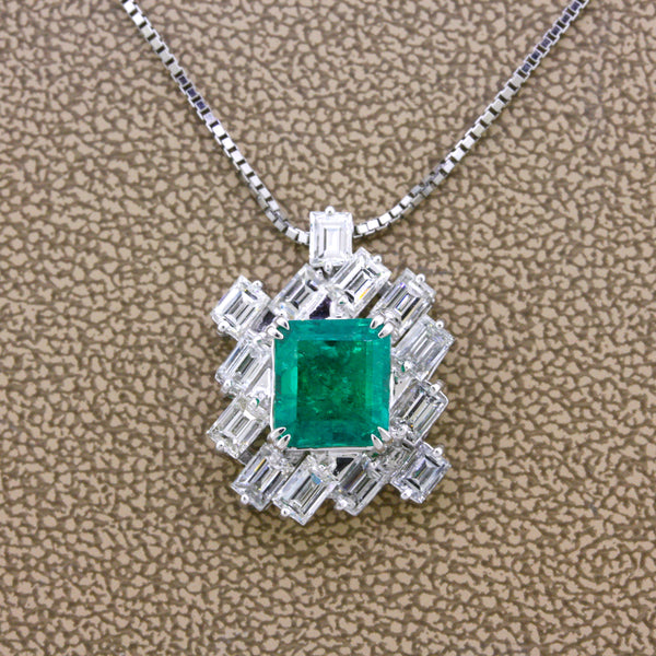 2.97 Carat Gem Emerald Diamond Platinum Pendant