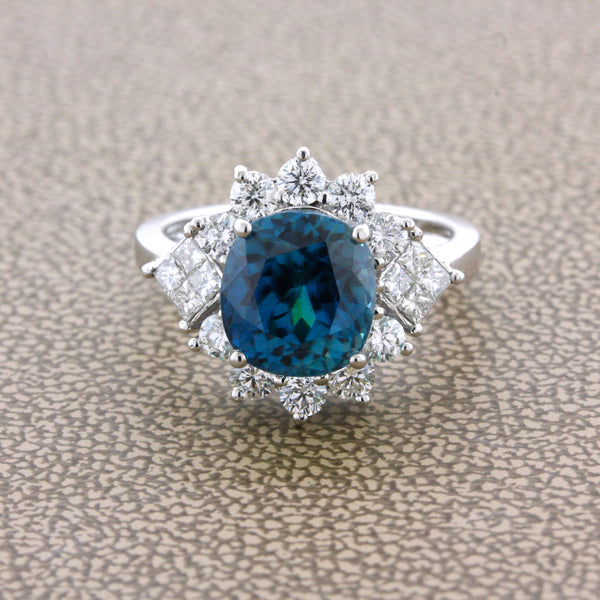 4.91 Carat Fine Blue Zircon Diamond Gold Ring