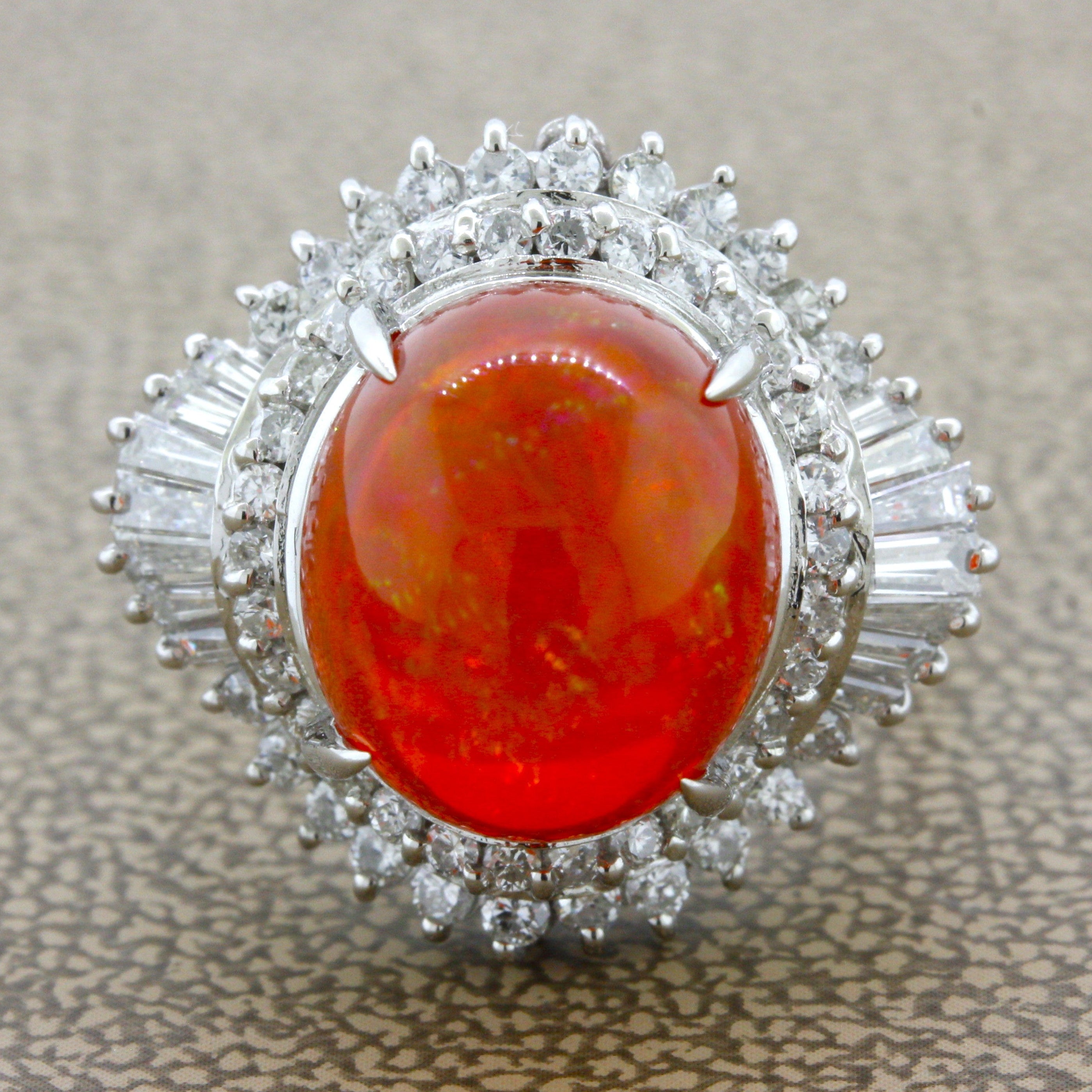 7.14 Carat Mexican Fire Opal Diamond Platinum Ring