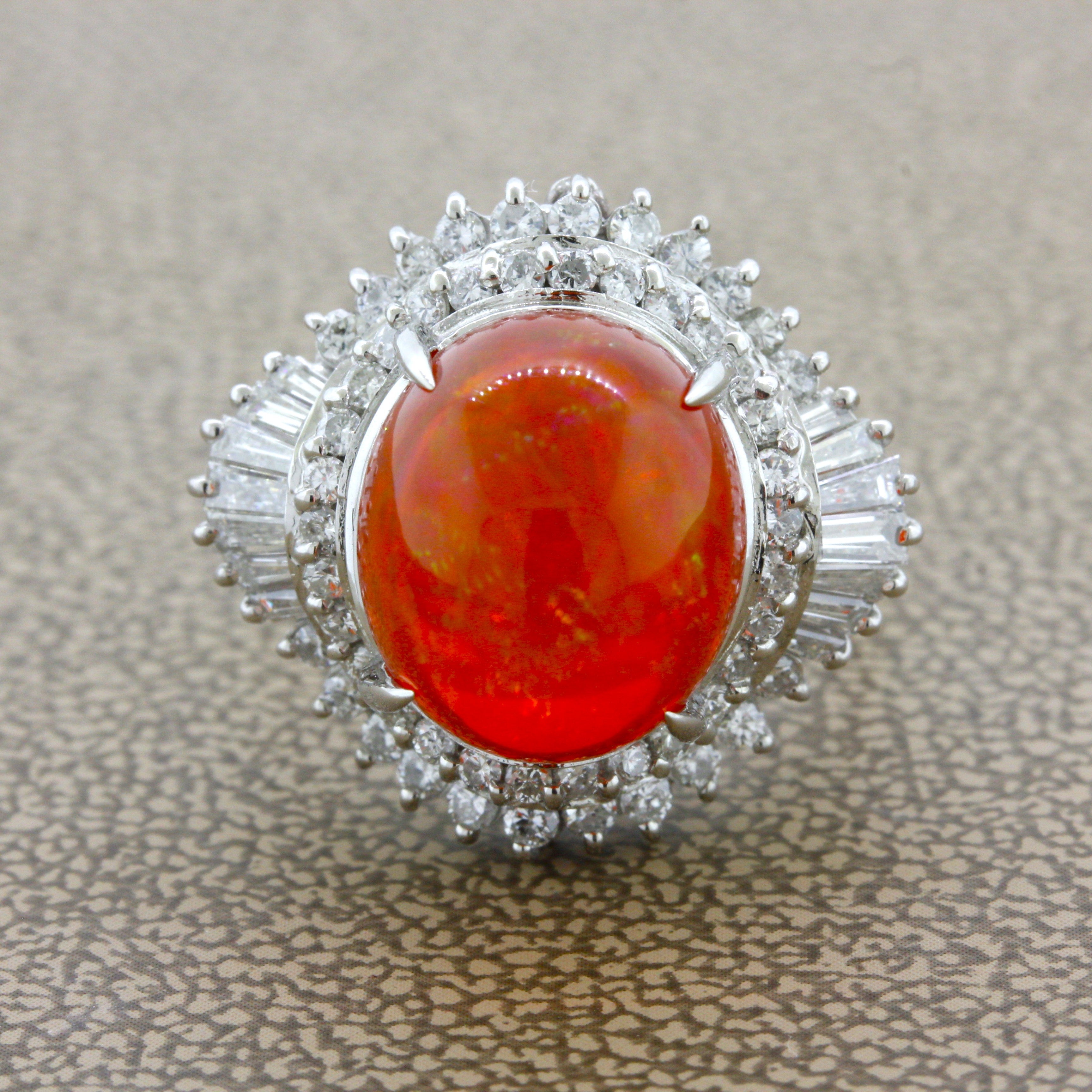 7.14 Carat Mexican Fire Opal Diamond Platinum Ring