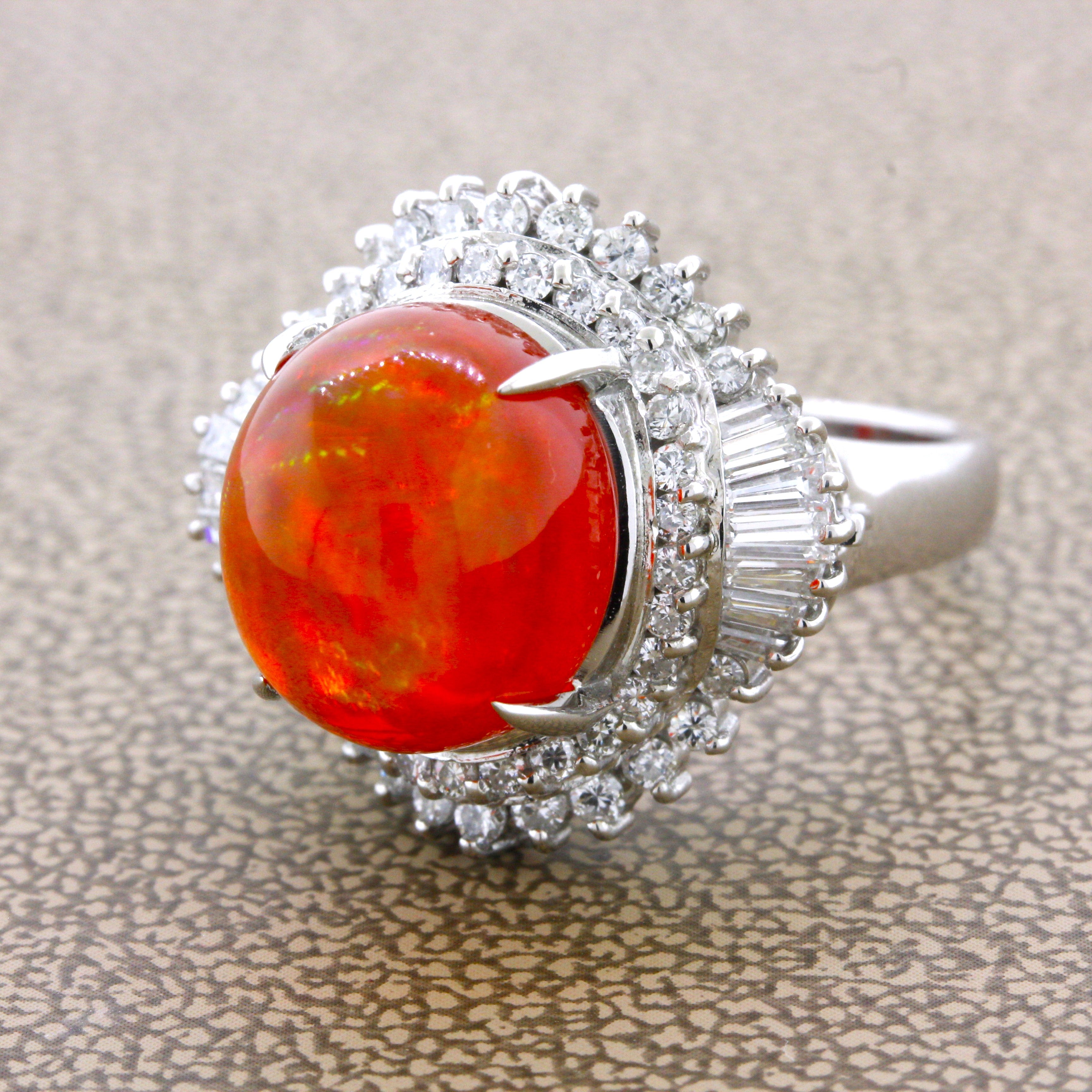 7.14 Carat Mexican Fire Opal Diamond Platinum Ring