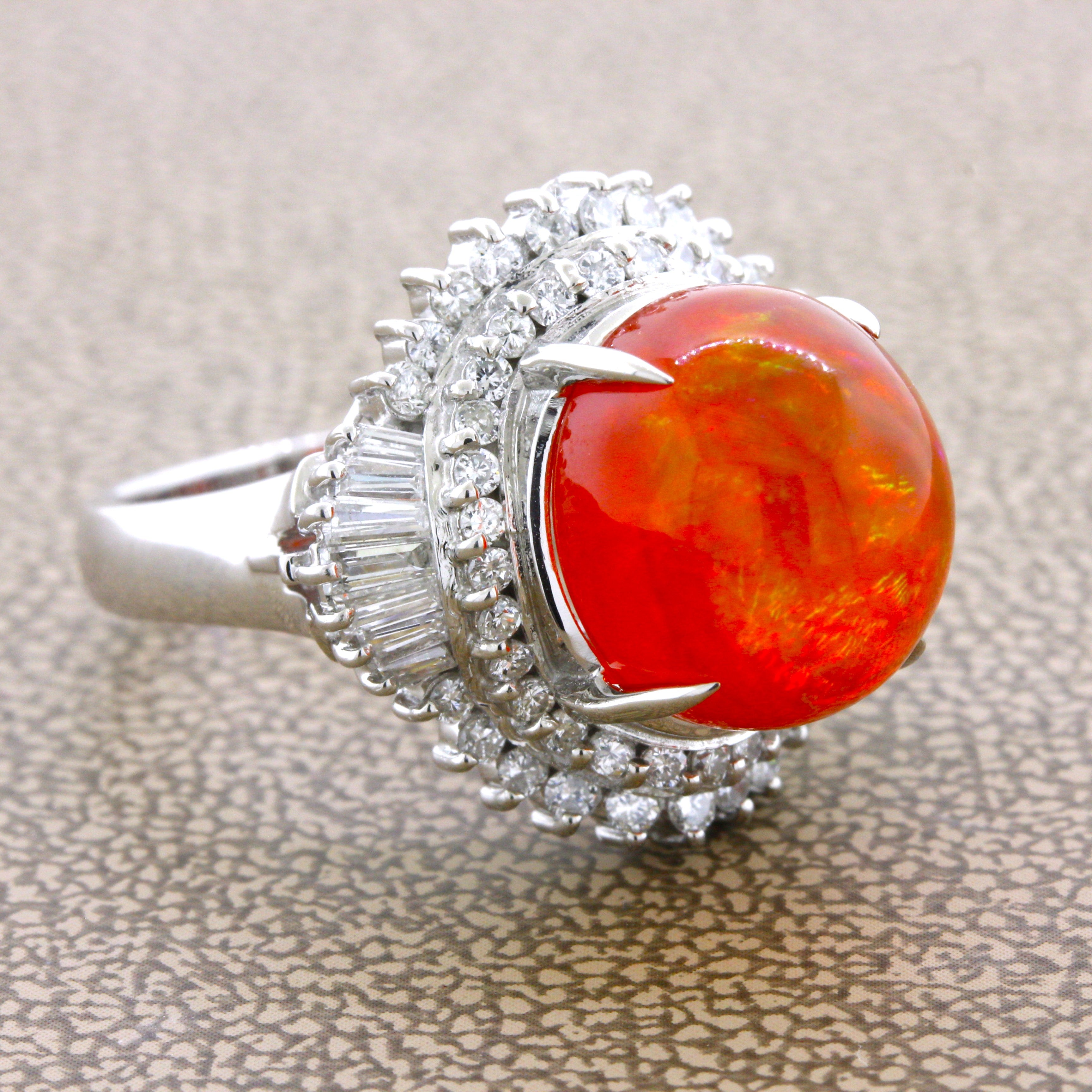 7.14 Carat Mexican Fire Opal Diamond Platinum Ring