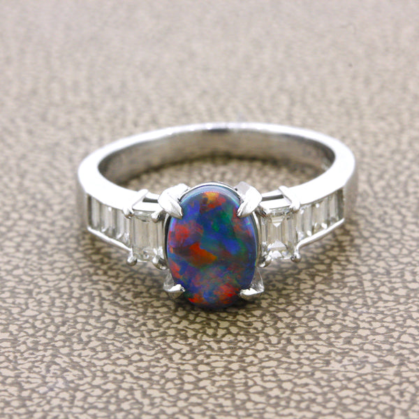 1.57 Carat Gem Australian Black Opal Diamond Platinum Ring