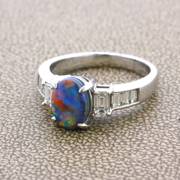 1.57 Carat Gem Australian Black Opal Diamond Platinum Ring