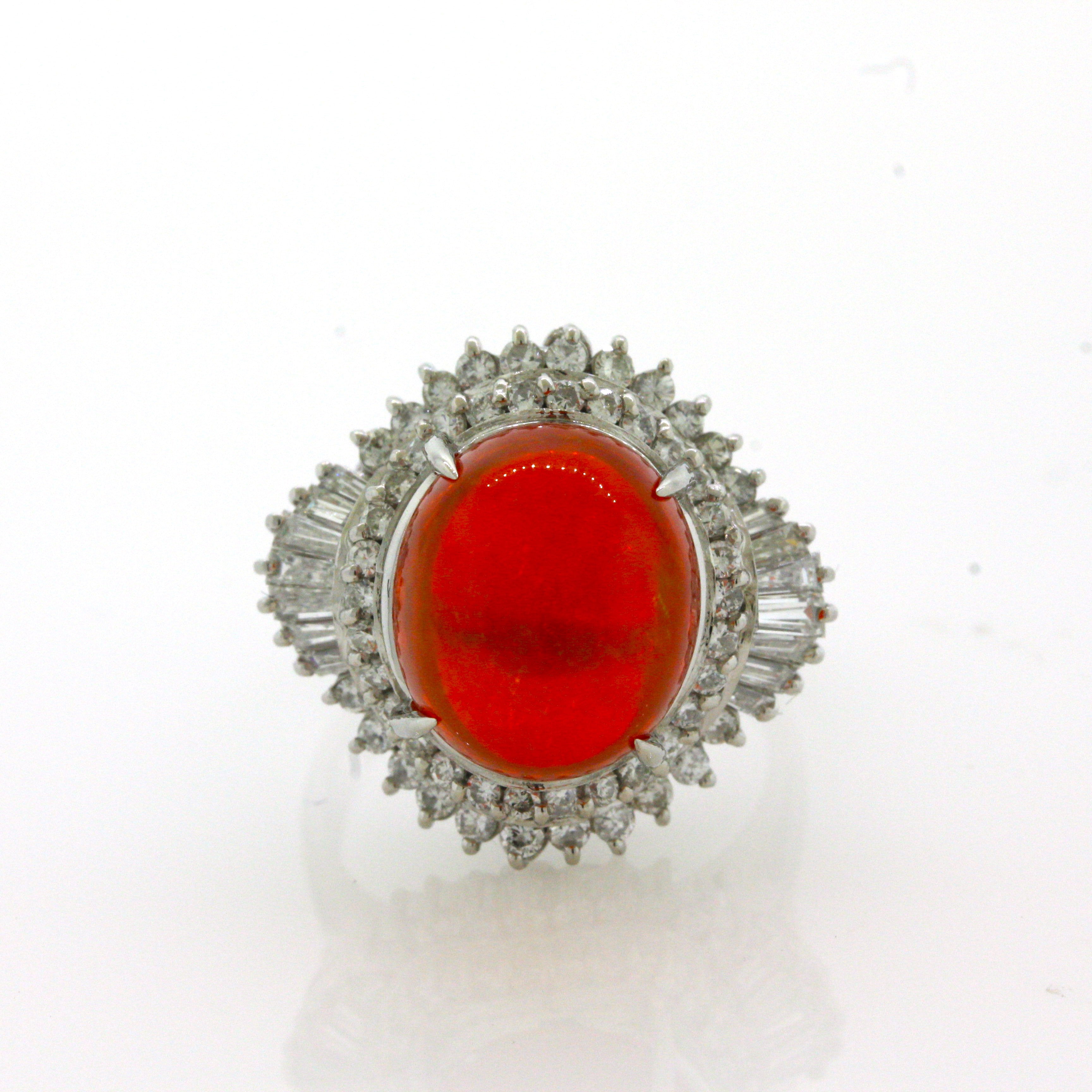 7.14 Carat Mexican Fire Opal Diamond Platinum Ring