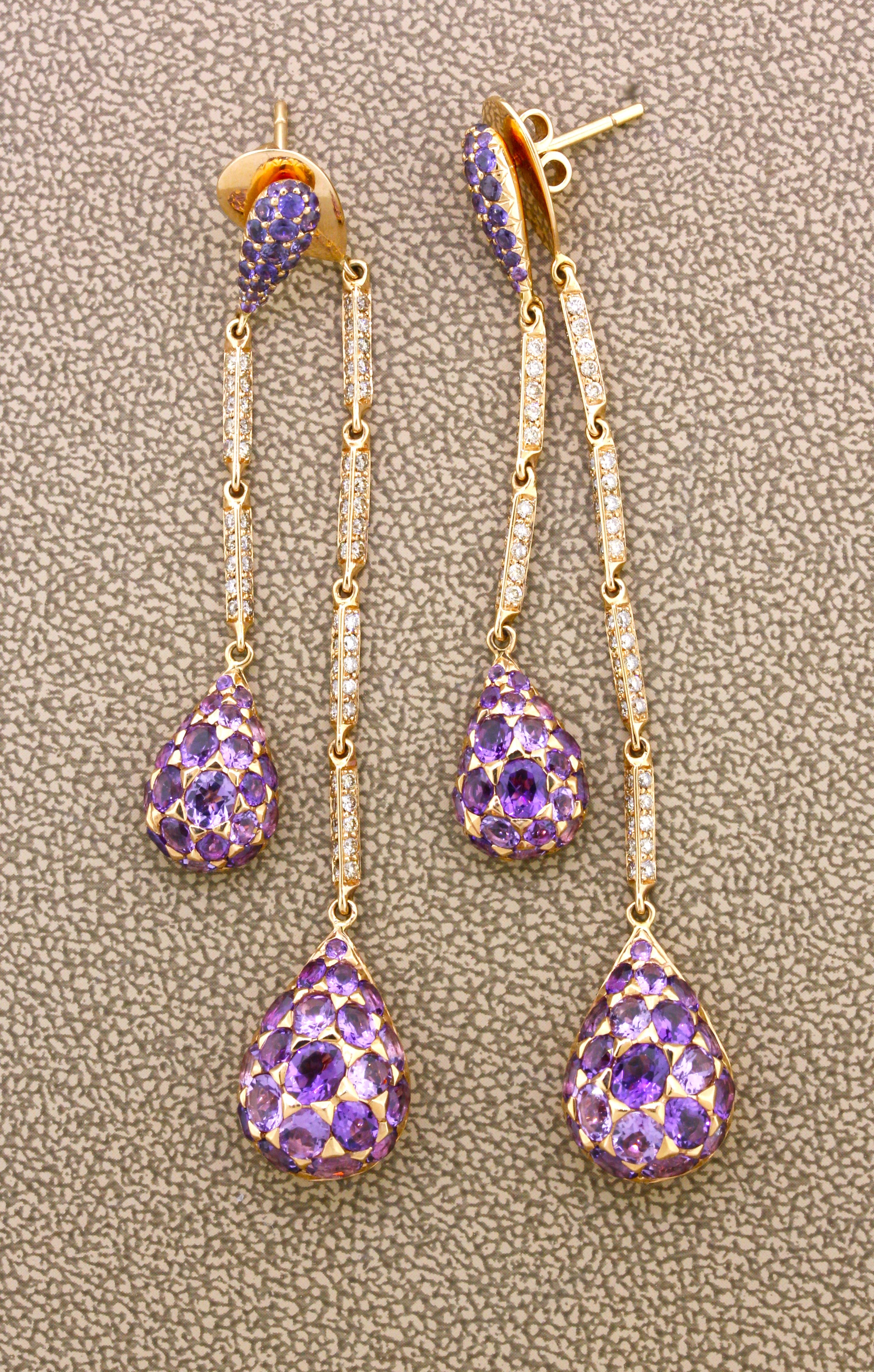 Amethyst Diamond Sapphire Gold Drop Dangle Earrings