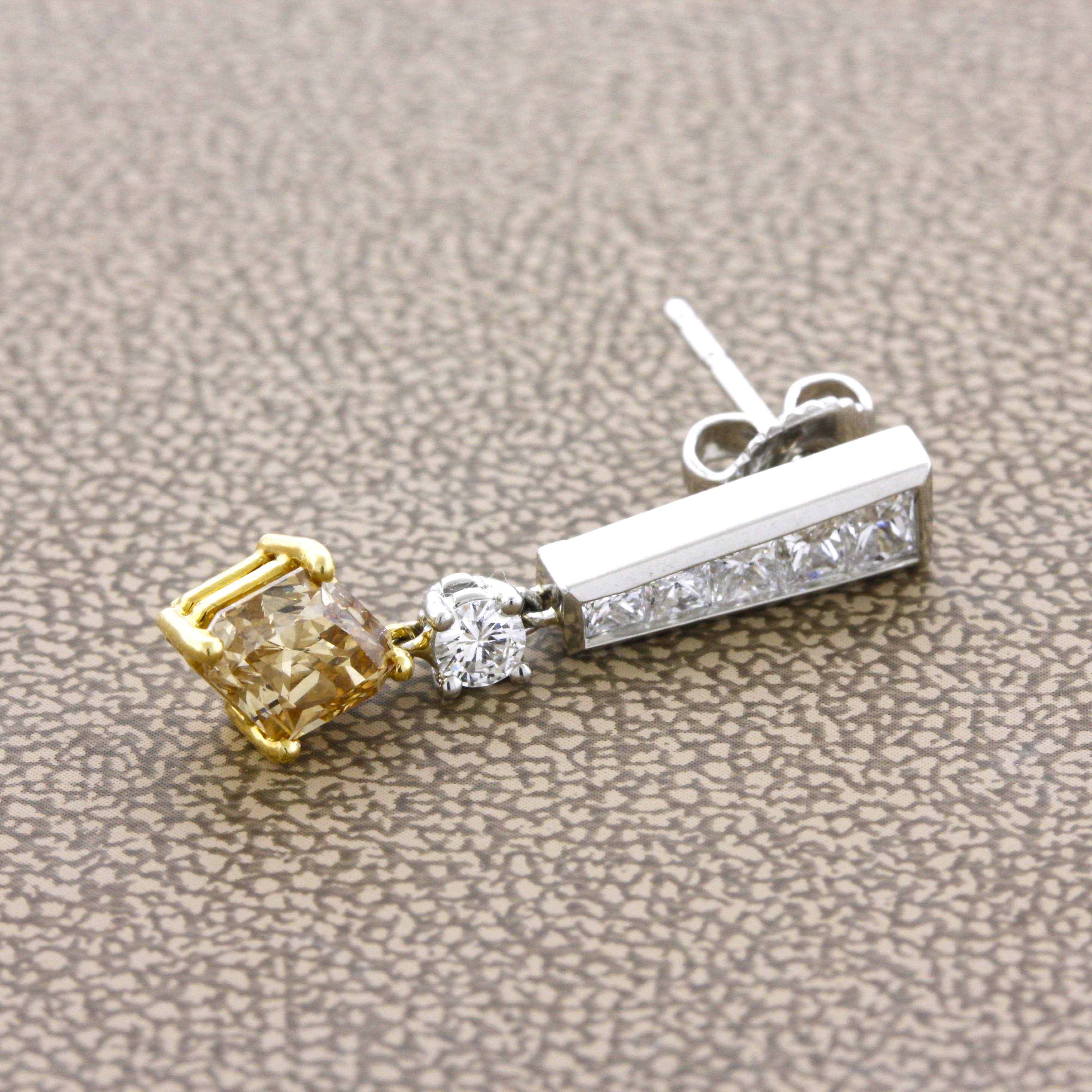 Fancy Colored Diamond Gold & Platinum Drop Earrings