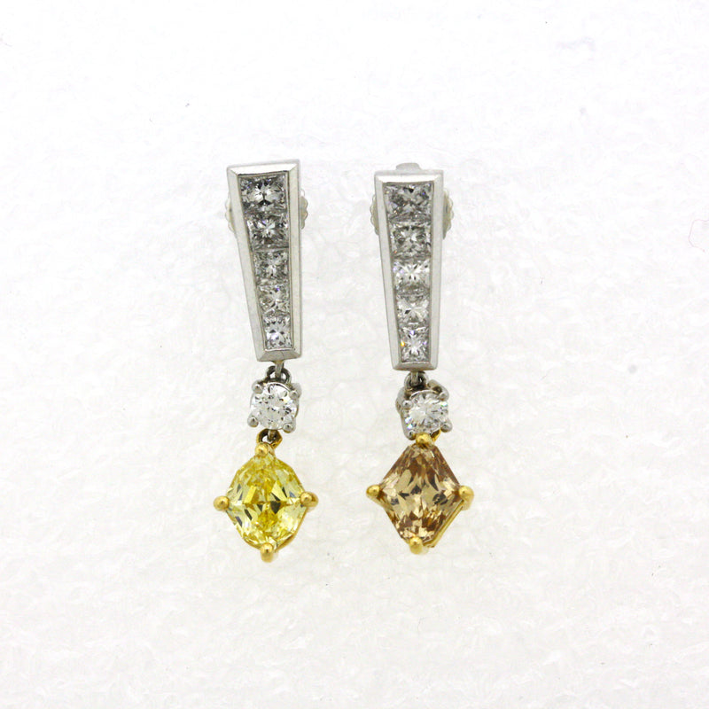 Fancy Colored Diamond Gold & Platinum Drop Earrings